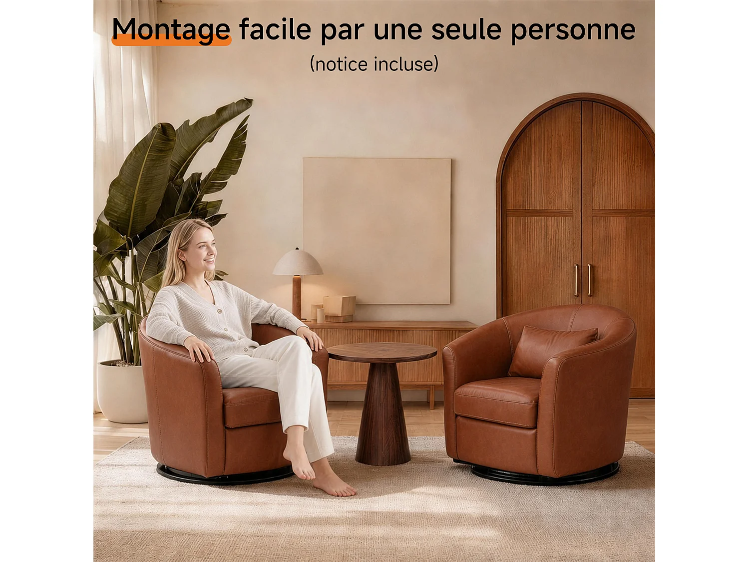 Fauteuil Cabriolet Pivotant Moderne – Fauteuil Lounge Rotatif à 360° avec Dossier Haut pour un Soutien Optimal, Fauteuil d’Accent Rembourré Confortable pour Salon,