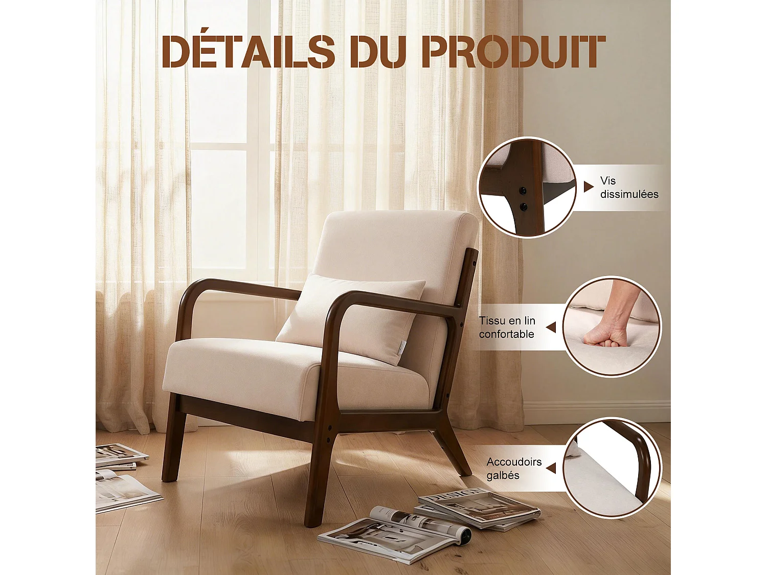 Japanse stoffen fauteuil – Comfortabele lounge stoel met houten frame, ergonomische leesstoel, moderne accentstoel voor woonkamer, slaapkamer en ontspanningsruimte