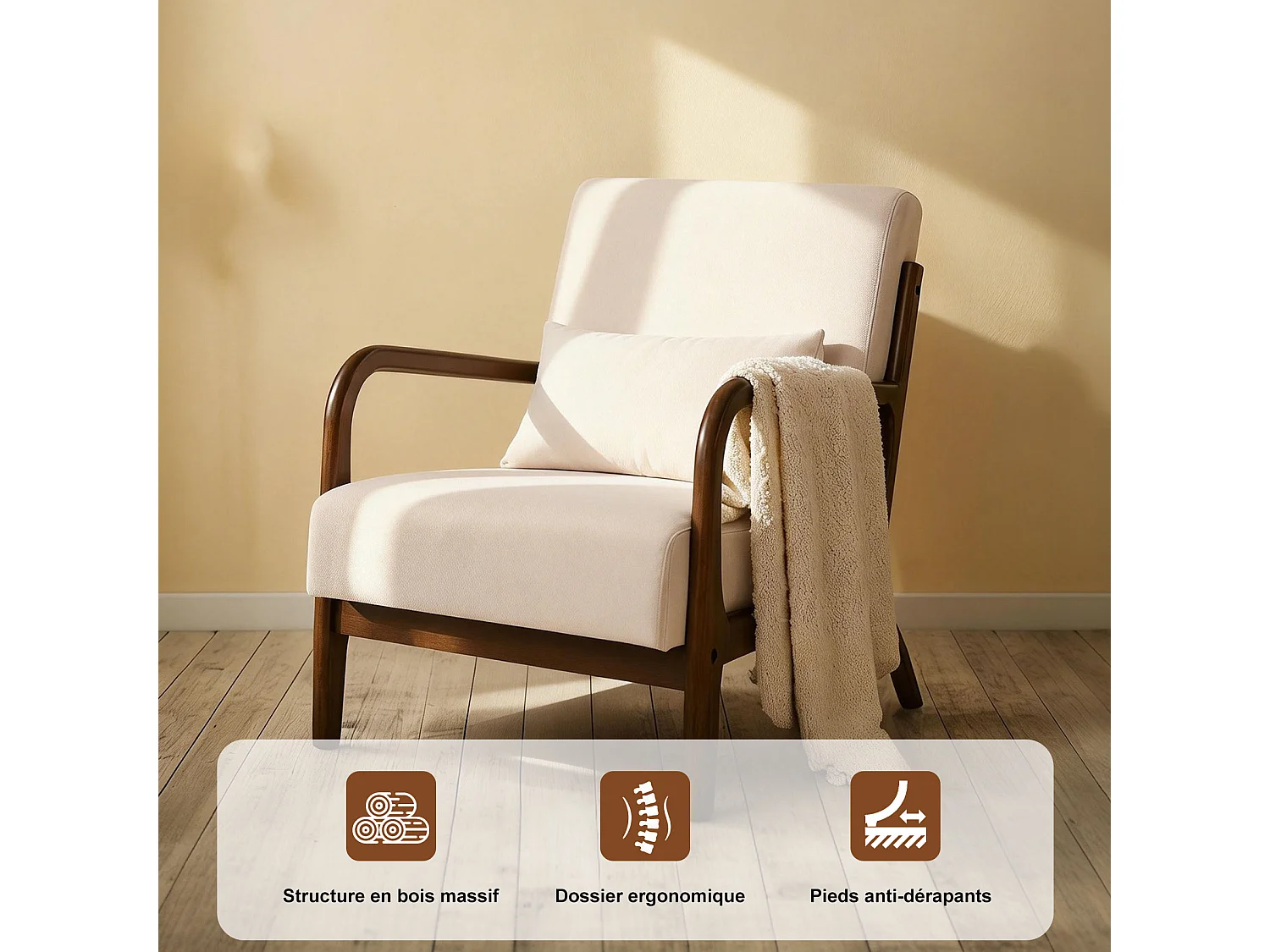 Japanse stoffen fauteuil – Comfortabele lounge stoel met houten frame, ergonomische leesstoel, moderne accentstoel voor woonkamer, slaapkamer en ontspanningsruimte