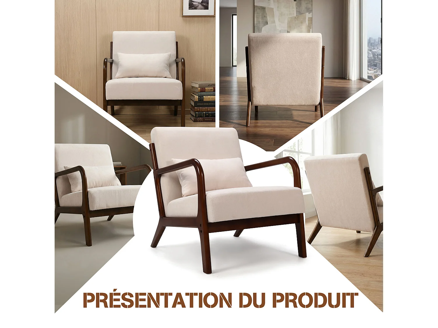 Japanse stoffen fauteuil – Comfortabele lounge stoel met houten frame, ergonomische leesstoel, moderne accentstoel voor woonkamer, slaapkamer en ontspanningsruimte