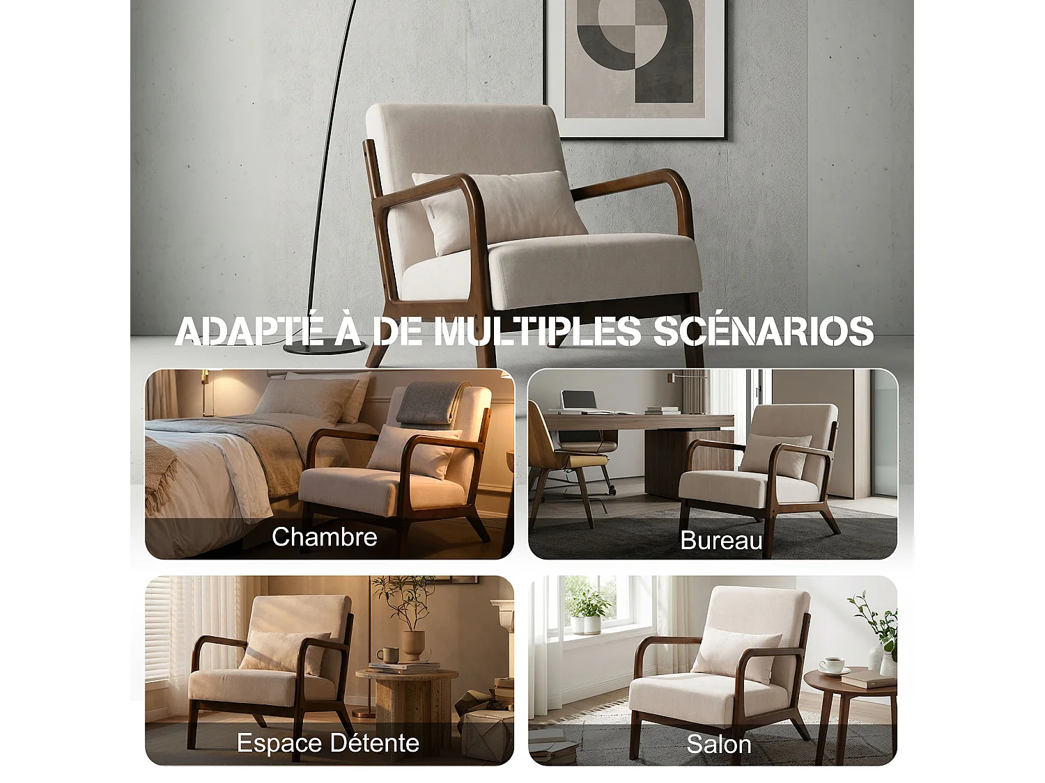 Japanse stoffen fauteuil – Comfortabele lounge stoel met houten frame, ergonomische leesstoel, moderne accentstoel voor woonkamer, slaapkamer en ontspanningsruimte