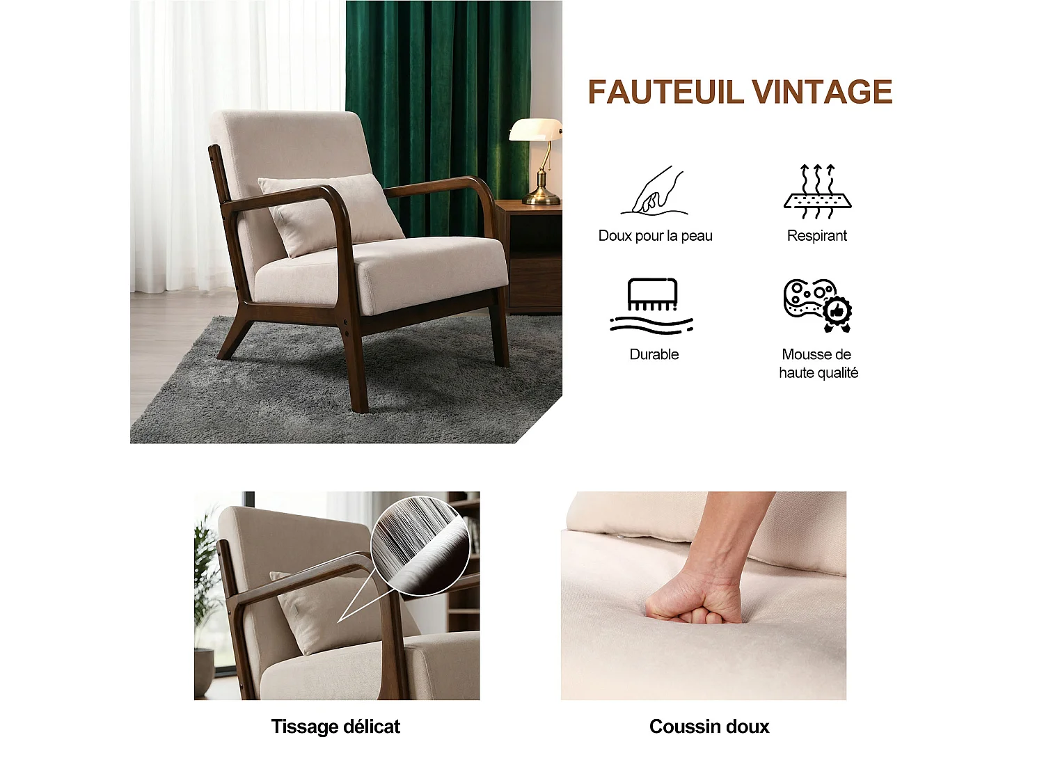 Japanse stoffen fauteuil – Comfortabele lounge stoel met houten frame, ergonomische leesstoel, moderne accentstoel voor woonkamer, slaapkamer en ontspanningsruimte