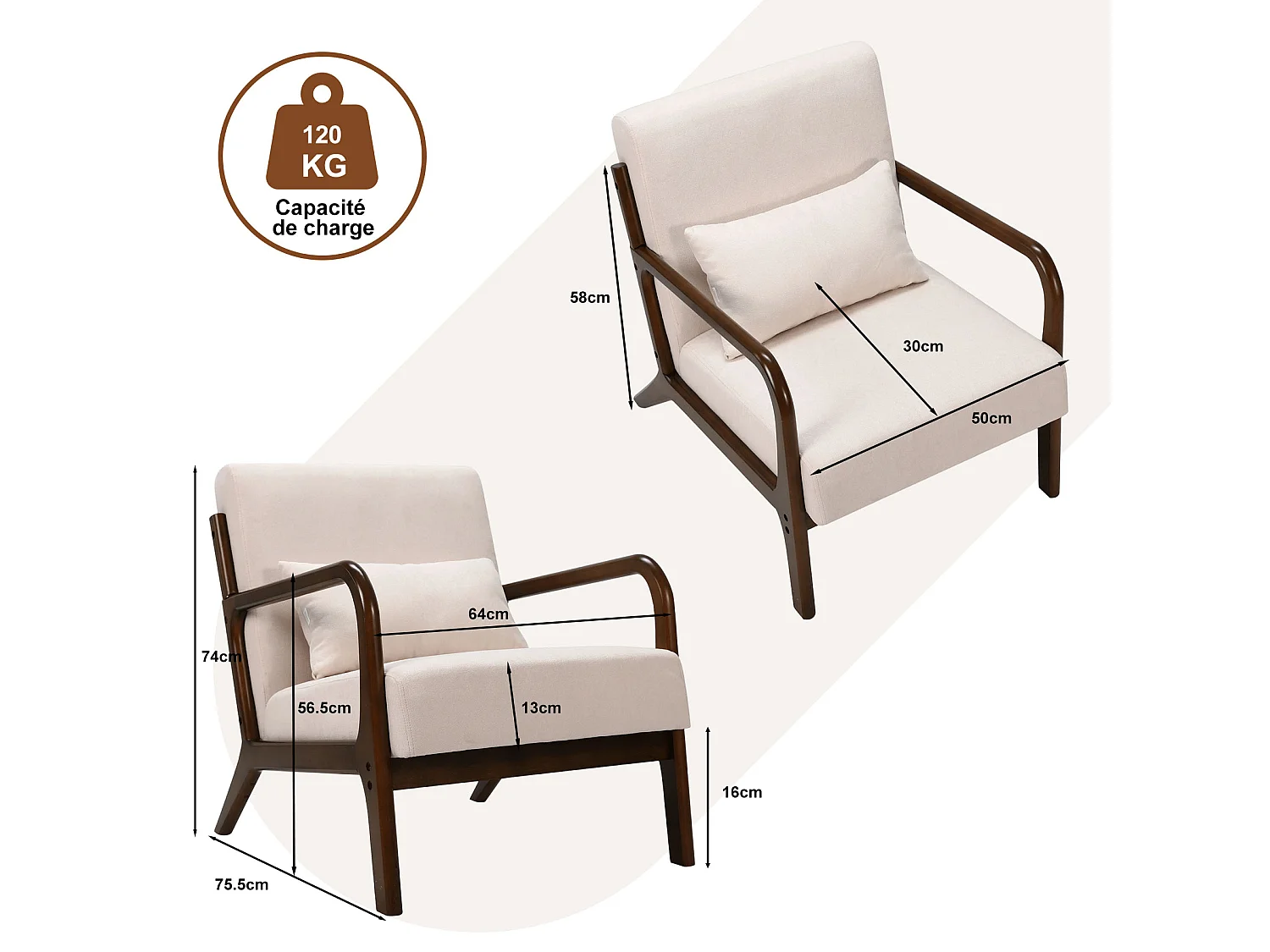 Japanse stoffen fauteuil – Comfortabele lounge stoel met houten frame, ergonomische leesstoel, moderne accentstoel voor woonkamer, slaapkamer en ontspanningsruimte