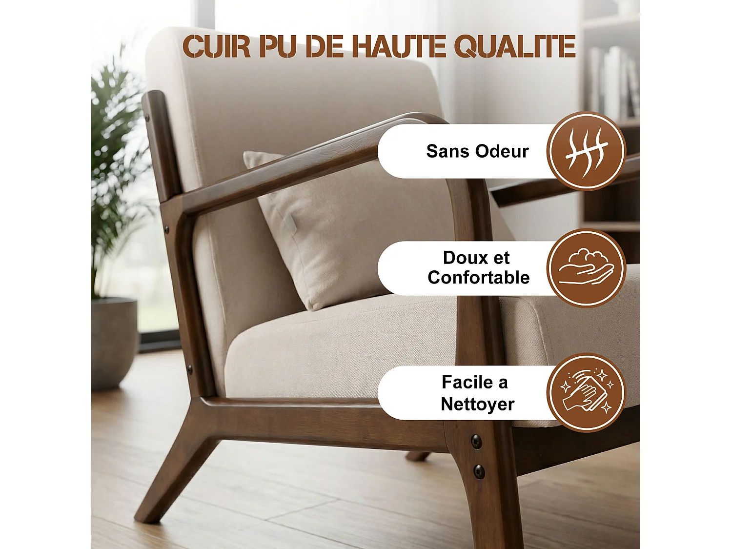 Japanse stoffen fauteuil – Comfortabele lounge stoel met houten frame, ergonomische leesstoel, moderne accentstoel voor woonkamer, slaapkamer en ontspanningsruimte