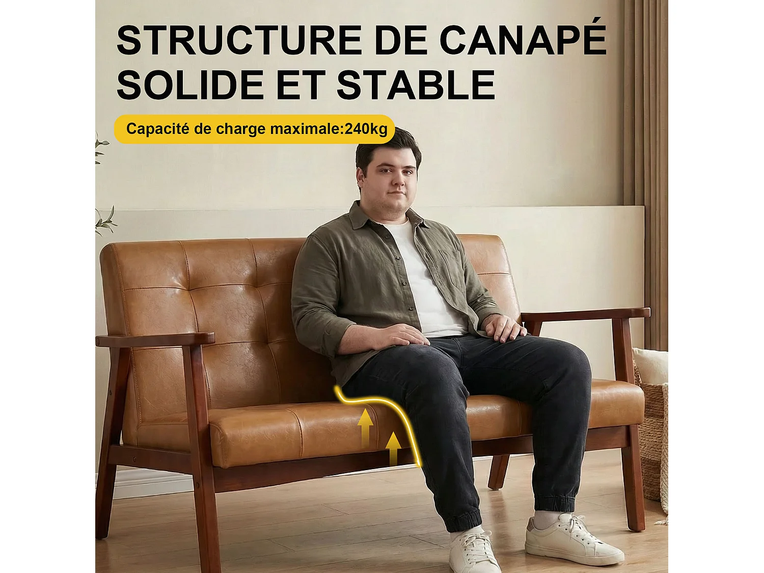Japanse-stijl stoffen 2-zitsbank – houten frame, karamelbruin, ergonomisch ontwerp met hoge rugleuning, comfortabele gevoerde loveseat, compacte bank voor woonkamer