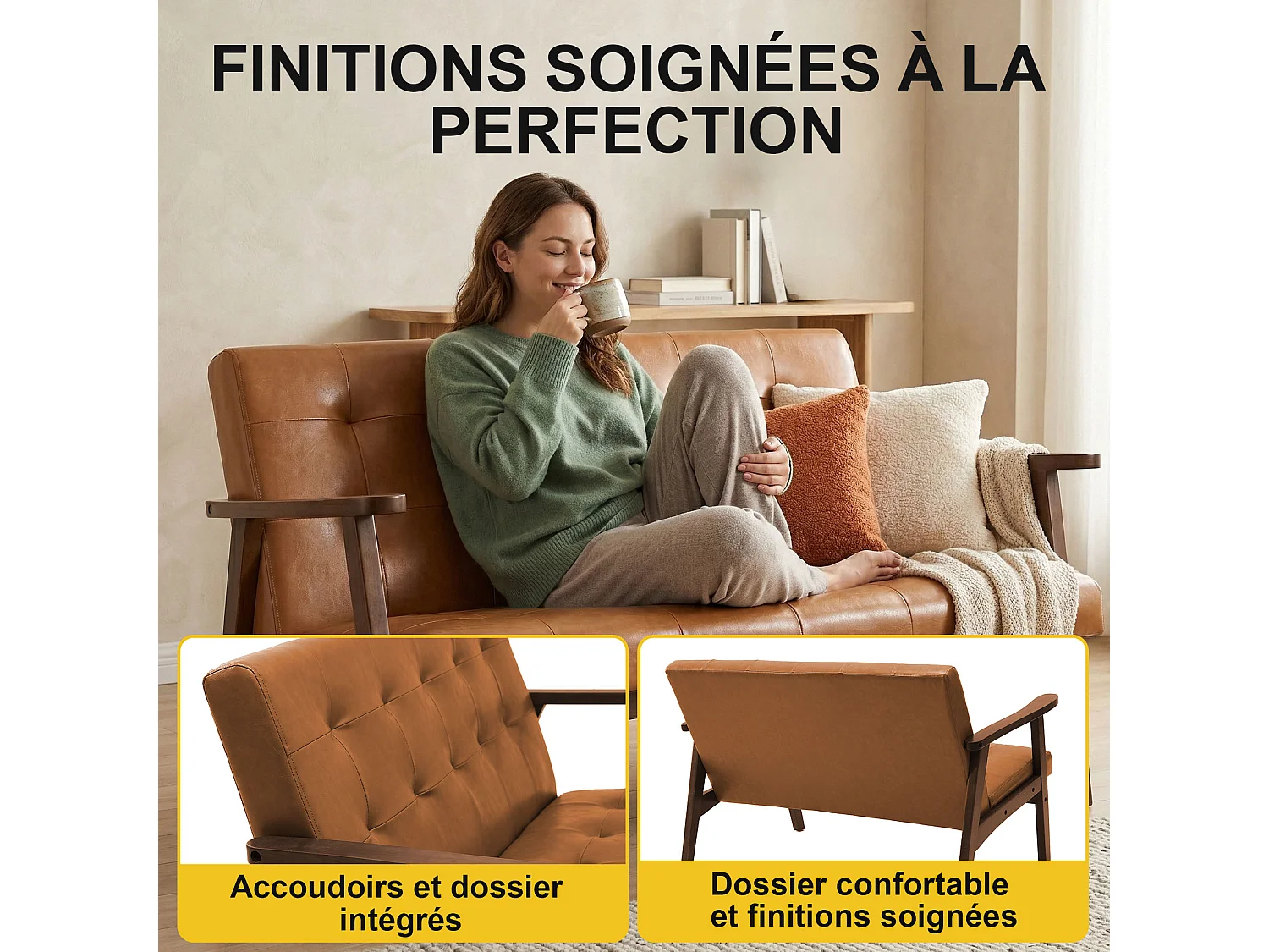 Japanse-stijl stoffen 2-zitsbank – houten frame, karamelbruin, ergonomisch ontwerp met hoge rugleuning, comfortabele gevoerde loveseat, compacte bank voor woonkamer