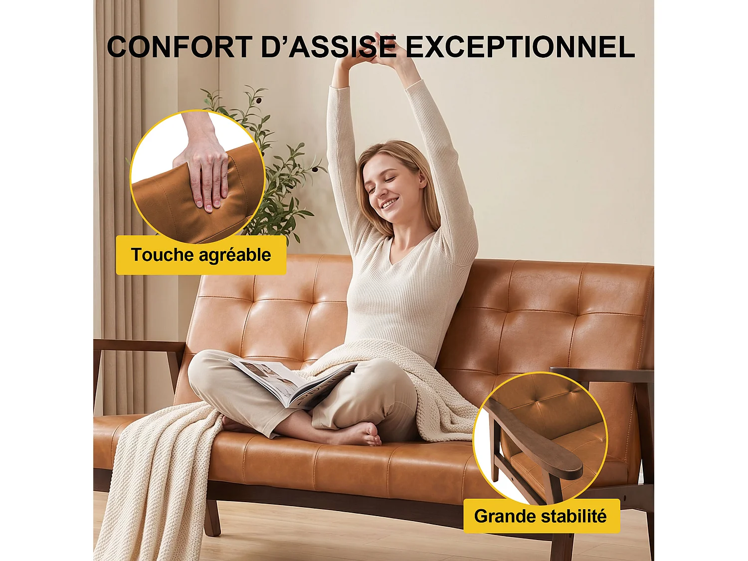Japanse-stijl stoffen 2-zitsbank – houten frame, karamelbruin, ergonomisch ontwerp met hoge rugleuning, comfortabele gevoerde loveseat, compacte bank voor woonkamer