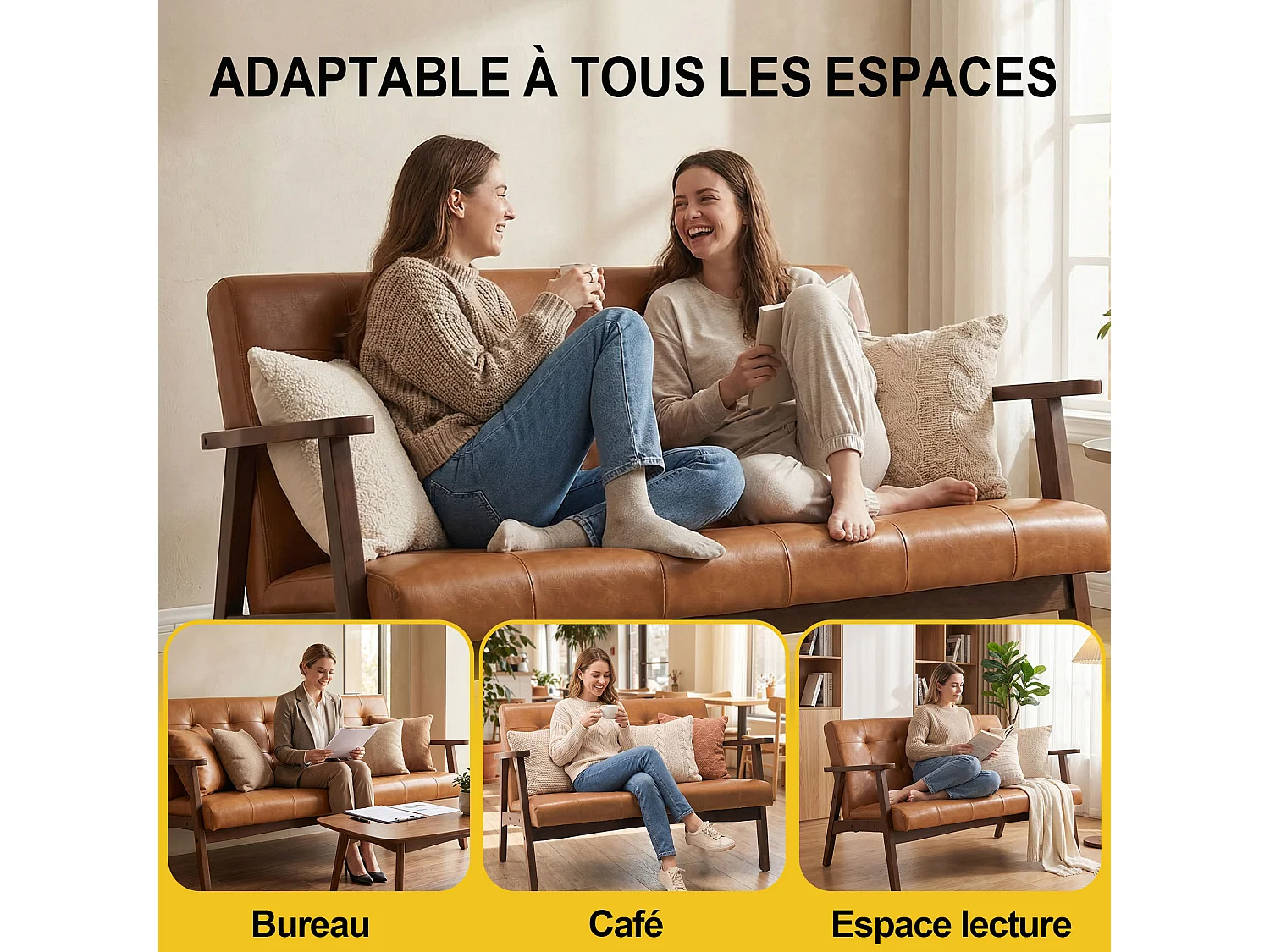 Japanse-stijl stoffen 2-zitsbank – houten frame, karamelbruin, ergonomisch ontwerp met hoge rugleuning, comfortabele gevoerde loveseat, compacte bank voor woonkamer