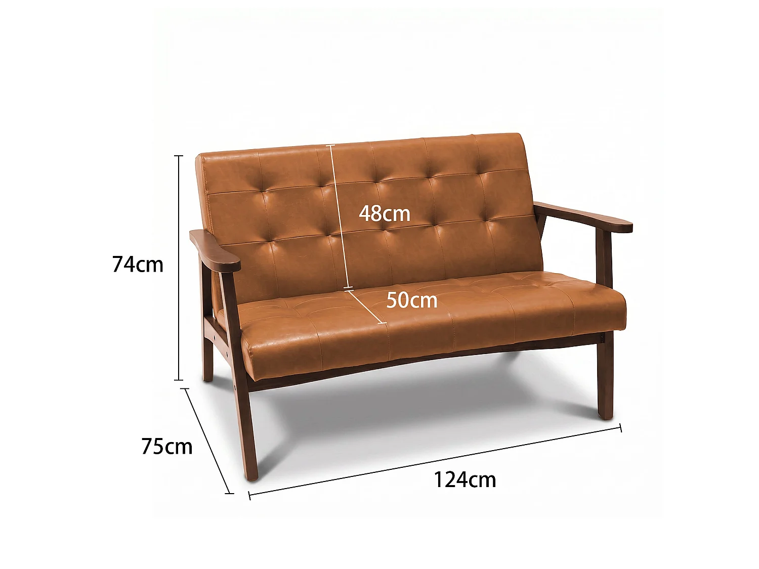Japanse-stijl stoffen 2-zitsbank – houten frame, karamelbruin, ergonomisch ontwerp met hoge rugleuning, comfortabele gevoerde loveseat, compacte bank voor woonkamer