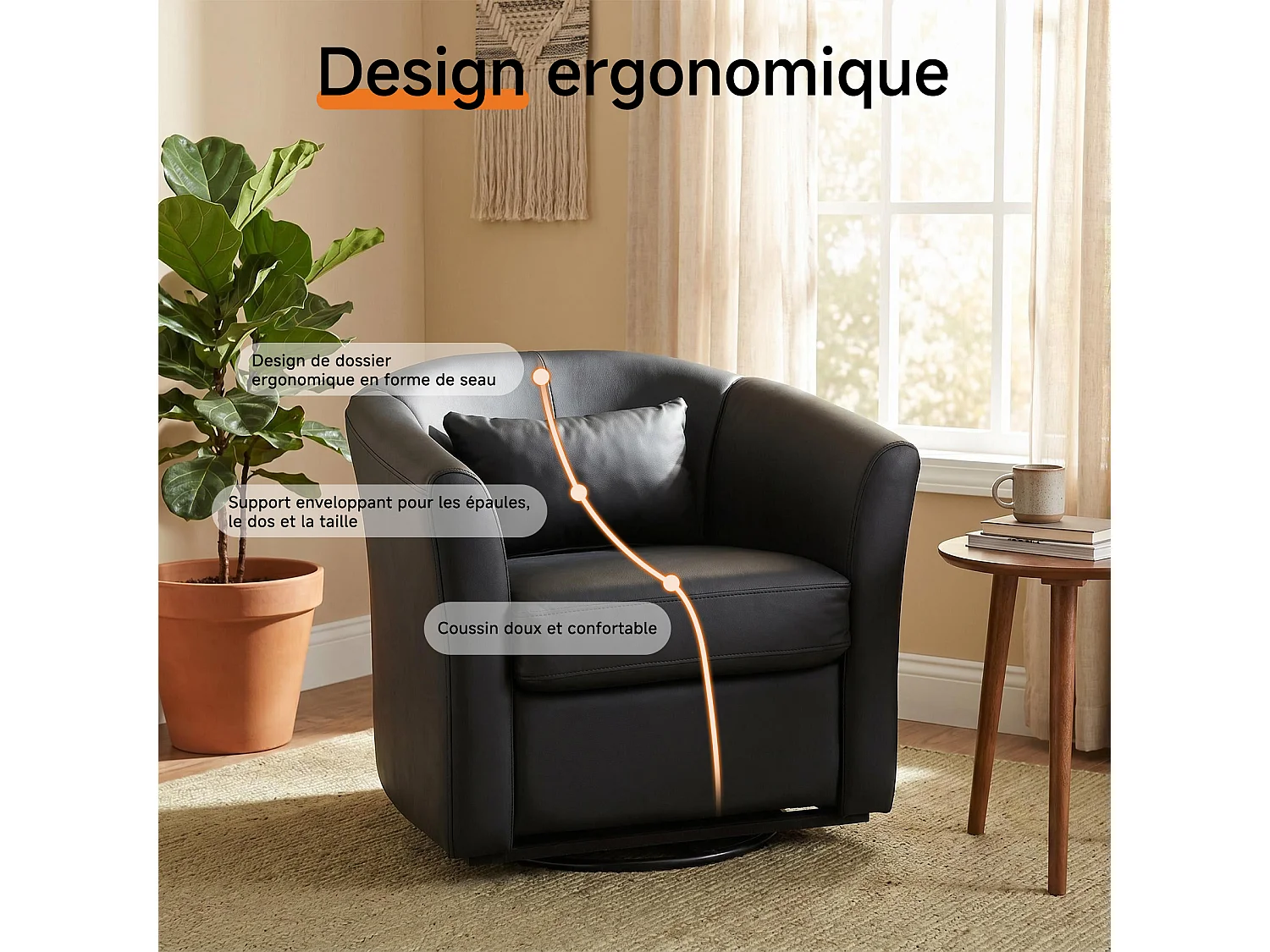 Fauteuil Cabriolet Pivotant Moderne – Fauteuil Lounge Rotatif à 360° avec Dossier Haut pour un Soutien Optimal, Fauteuil d’Accent Rembourré Confortable pour Salon,