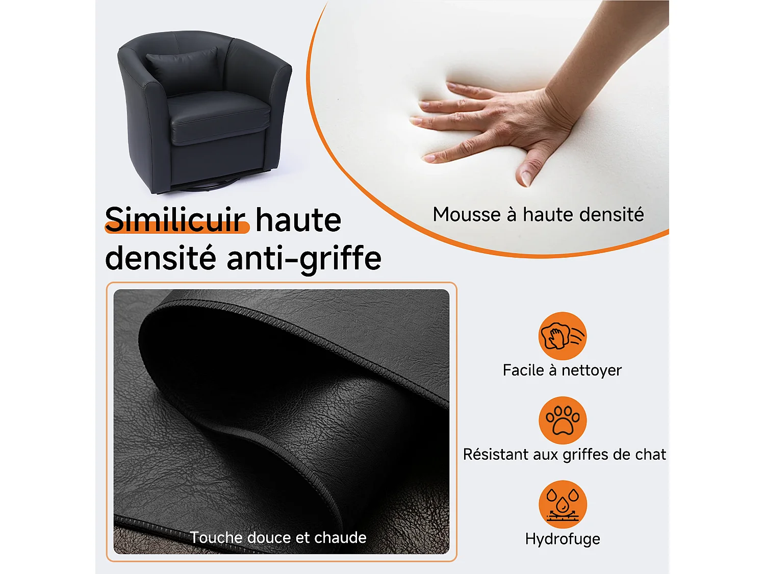 Fauteuil Cabriolet Pivotant Moderne – Fauteuil Lounge Rotatif à 360° avec Dossier Haut pour un Soutien Optimal, Fauteuil d’Accent Rembourré Confortable pour Salon,