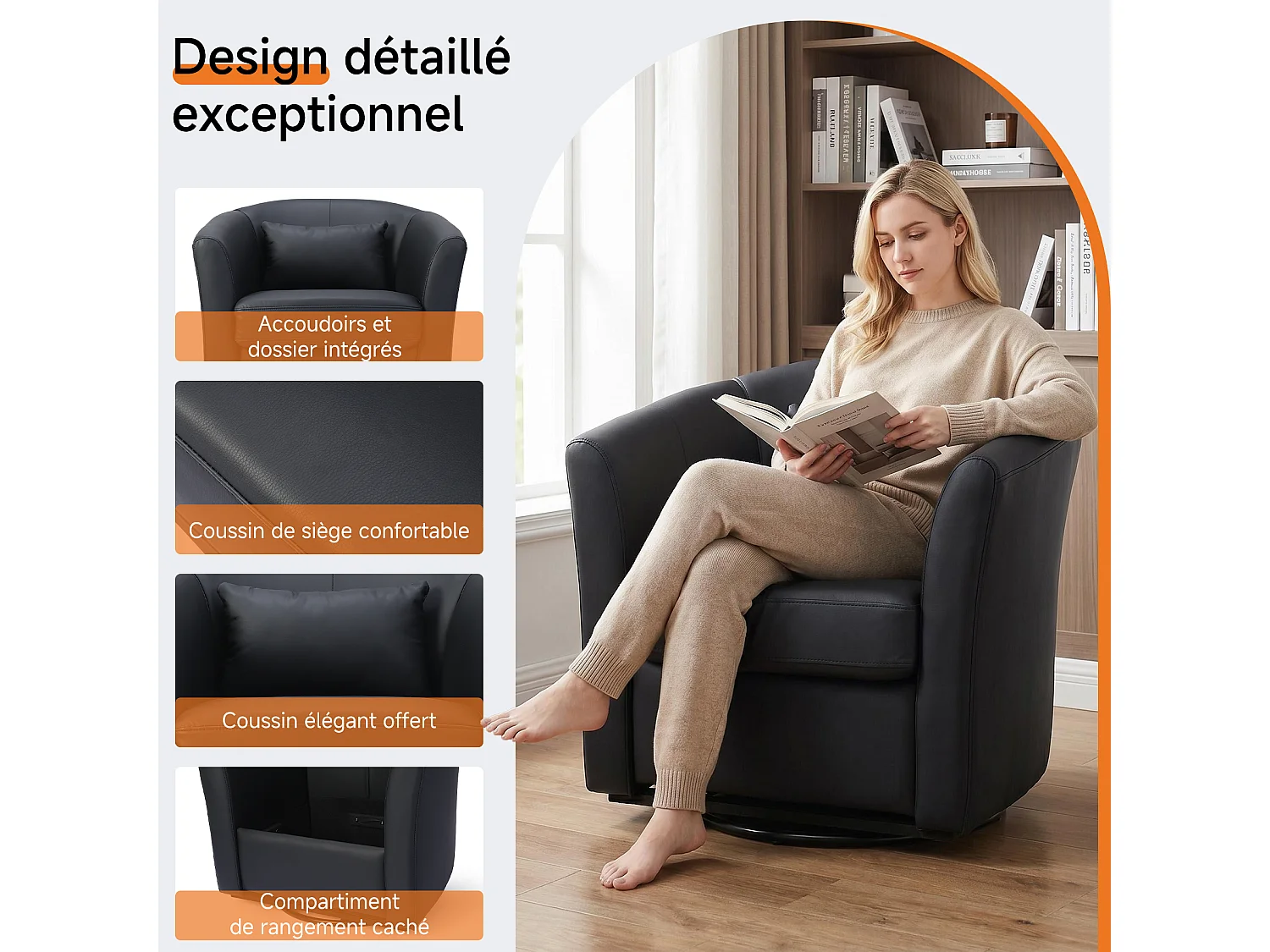 Fauteuil Cabriolet Pivotant Moderne – Fauteuil Lounge Rotatif à 360° avec Dossier Haut pour un Soutien Optimal, Fauteuil d’Accent Rembourré Confortable pour Salon,