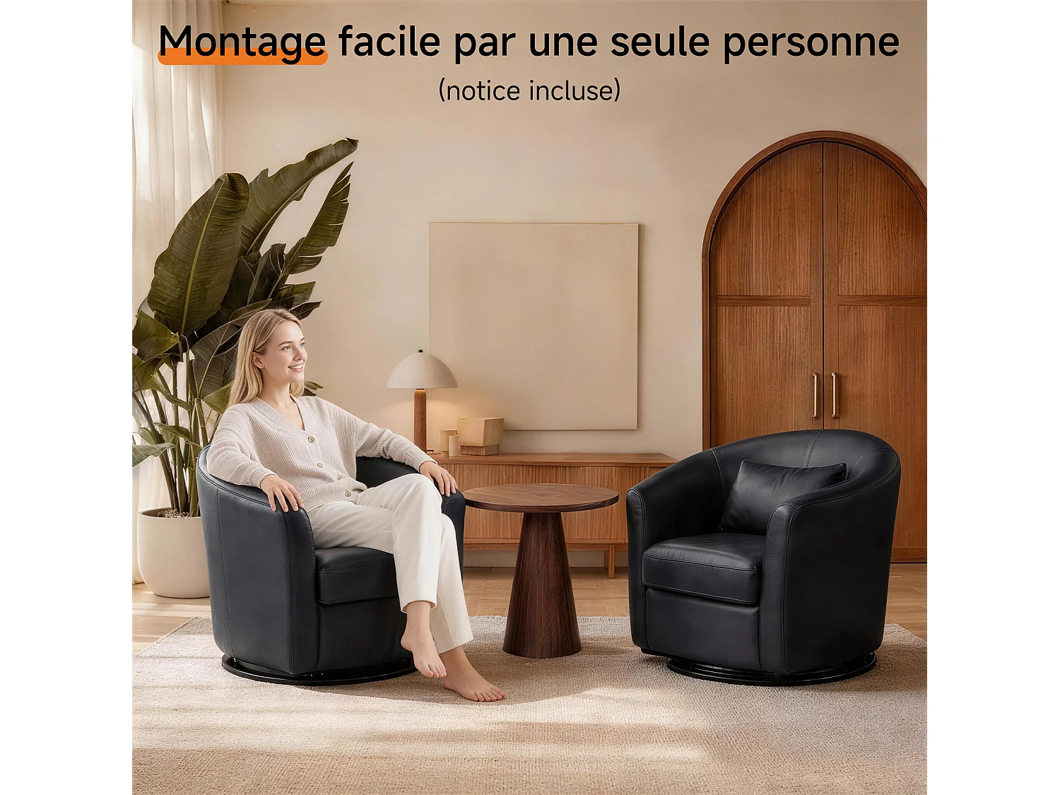 Fauteuil Cabriolet Pivotant Moderne – Fauteuil Lounge Rotatif à 360° avec Dossier Haut pour un Soutien Optimal, Fauteuil d’Accent Rembourré Confortable pour Salon,