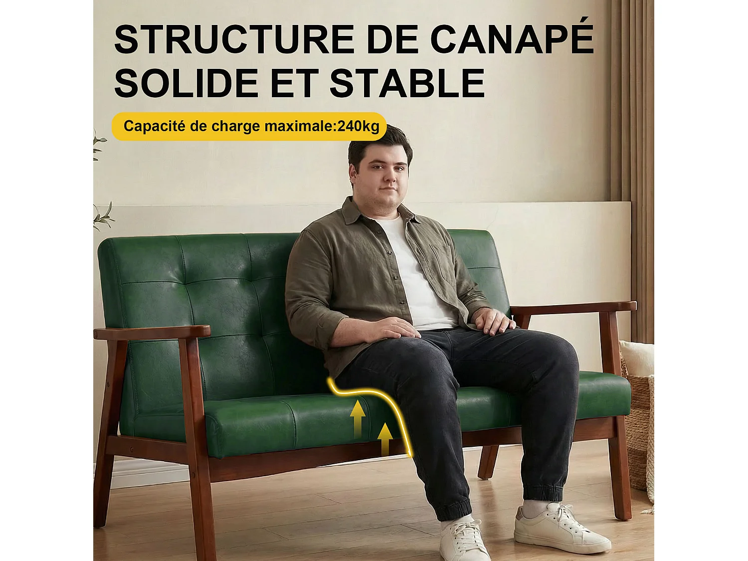Canapé 2 places de style japonais en tissu – structure en bois, vert foncé, design ergonomique à dossier haut, canapé deux places confortable et rembourré, canapé c