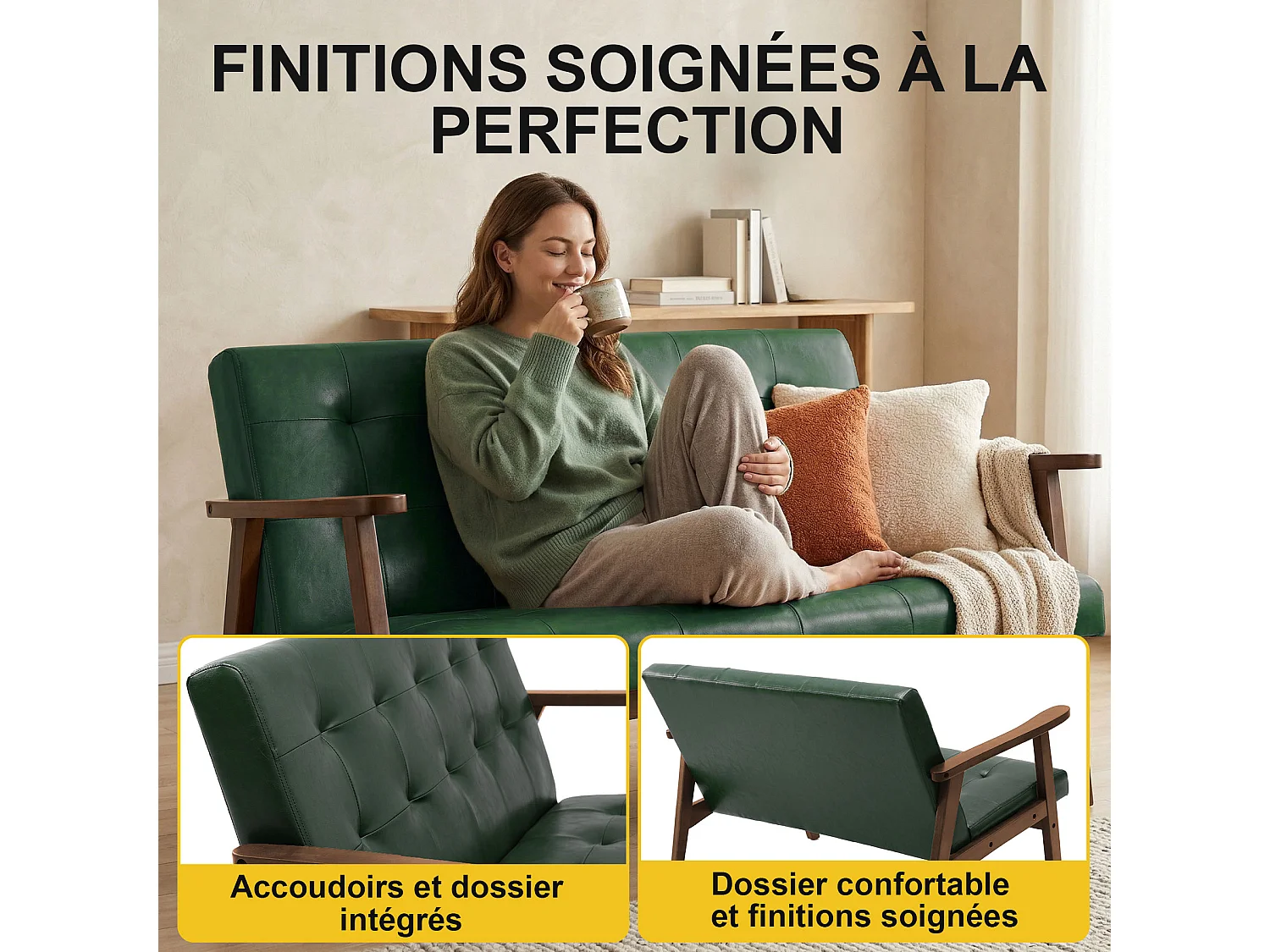 Canapé 2 places de style japonais en tissu – structure en bois, vert foncé, design ergonomique à dossier haut, canapé deux places confortable et rembourré, canapé c