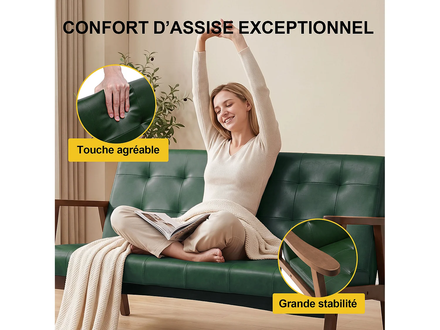 Canapé 2 places de style japonais en tissu – structure en bois, vert foncé, design ergonomique à dossier haut, canapé deux places confortable et rembourré, canapé c