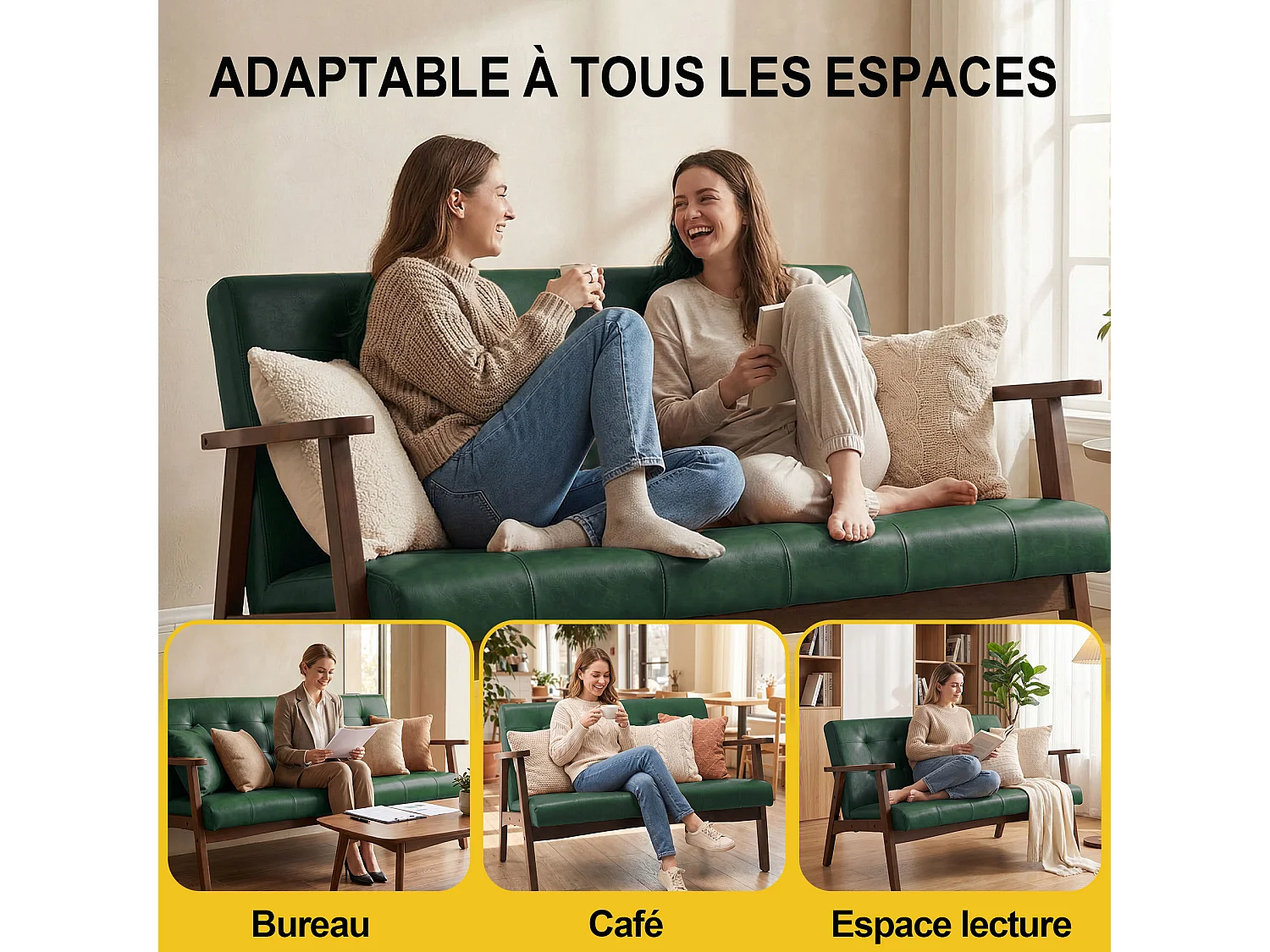 Canapé 2 places de style japonais en tissu – structure en bois, vert foncé, design ergonomique à dossier haut, canapé deux places confortable et rembourré, canapé c