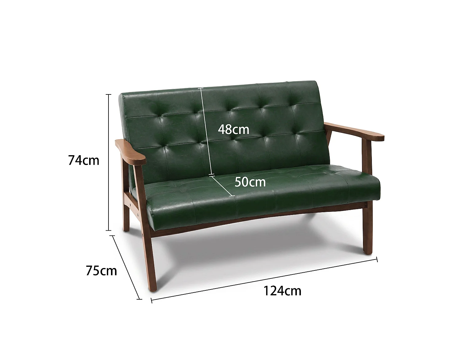 Canapé 2 places de style japonais en tissu – structure en bois, vert foncé, design ergonomique à dossier haut, canapé deux places confortable et rembourré, canapé c