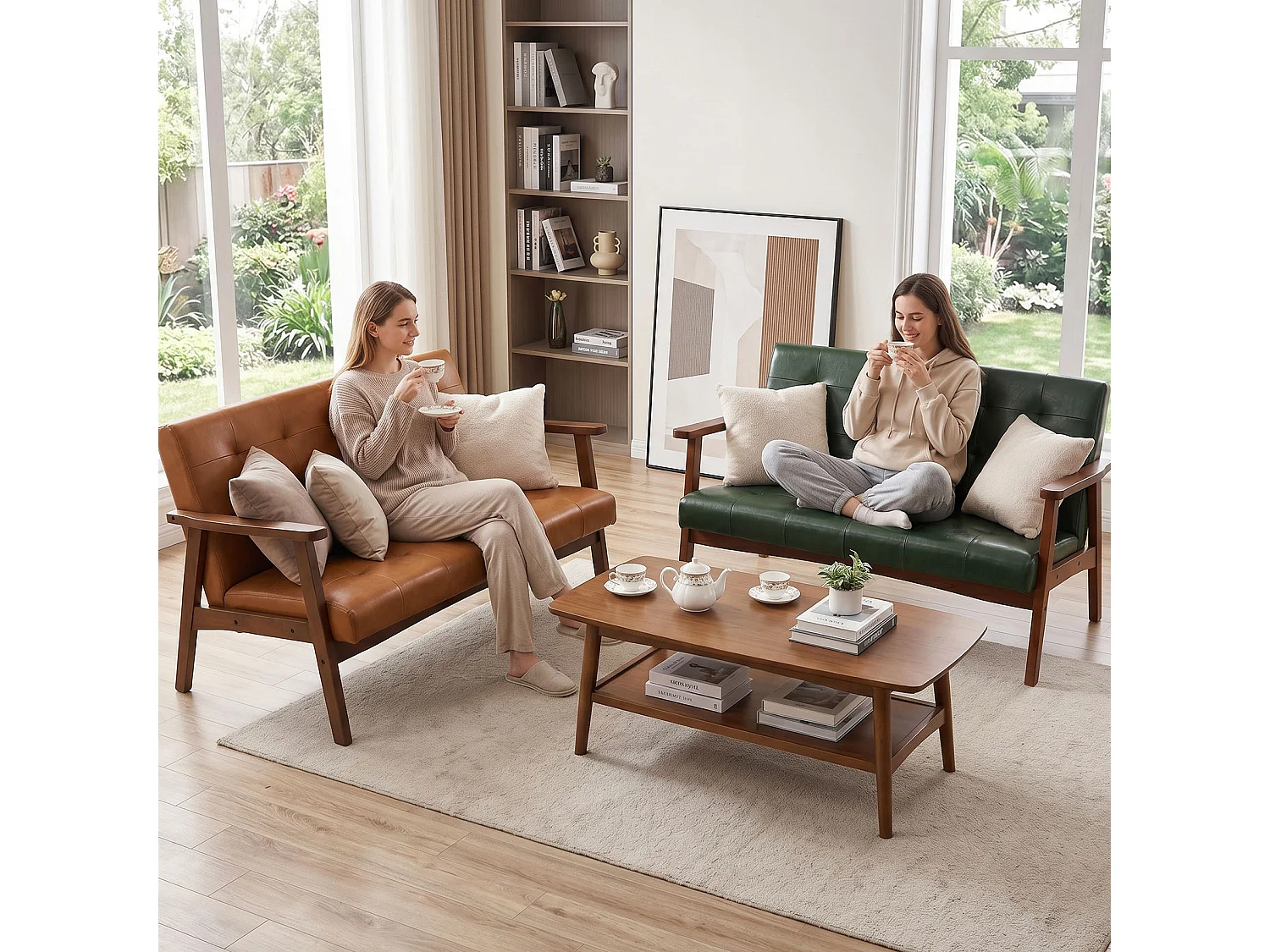 Canapé 2 places de style japonais en tissu – structure en bois, vert foncé, design ergonomique à dossier haut, canapé deux places confortable et rembourré, canapé c