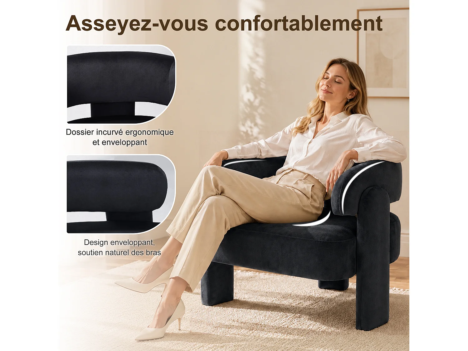 Fauteuil d’Accent Moderne – Fauteuil Rembourré Confortable avec Dossier Enveloppant, Fauteuil Lounge avec Coussin Moelleux, Fauteuil de Lecture pour Salon, Chambre