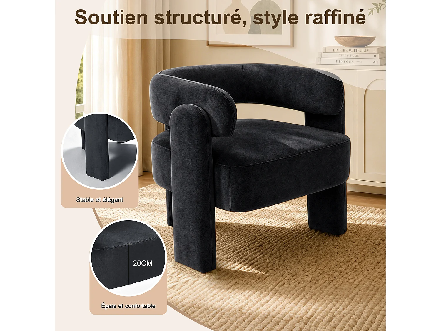 Fauteuil d’Accent Moderne – Fauteuil Rembourré Confortable avec Dossier Enveloppant, Fauteuil Lounge avec Coussin Moelleux, Fauteuil de Lecture pour Salon, Chambre