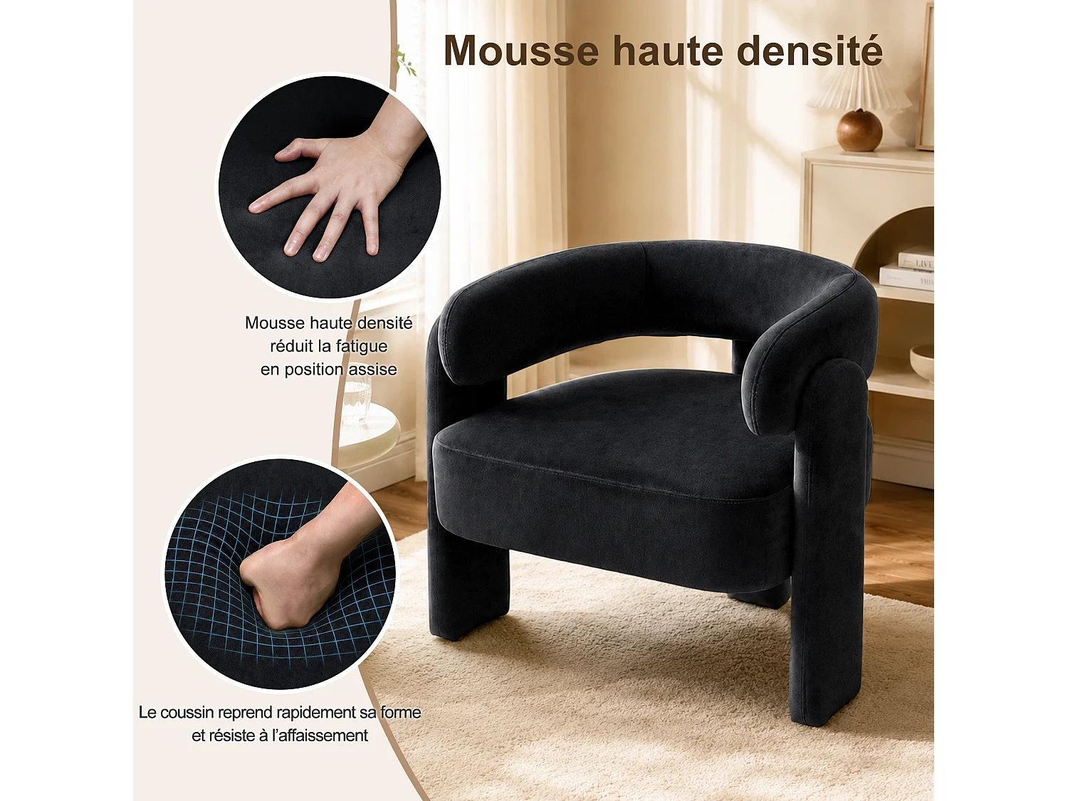Fauteuil d’Accent Moderne – Fauteuil Rembourré Confortable avec Dossier Enveloppant, Fauteuil Lounge avec Coussin Moelleux, Fauteuil de Lecture pour Salon, Chambre