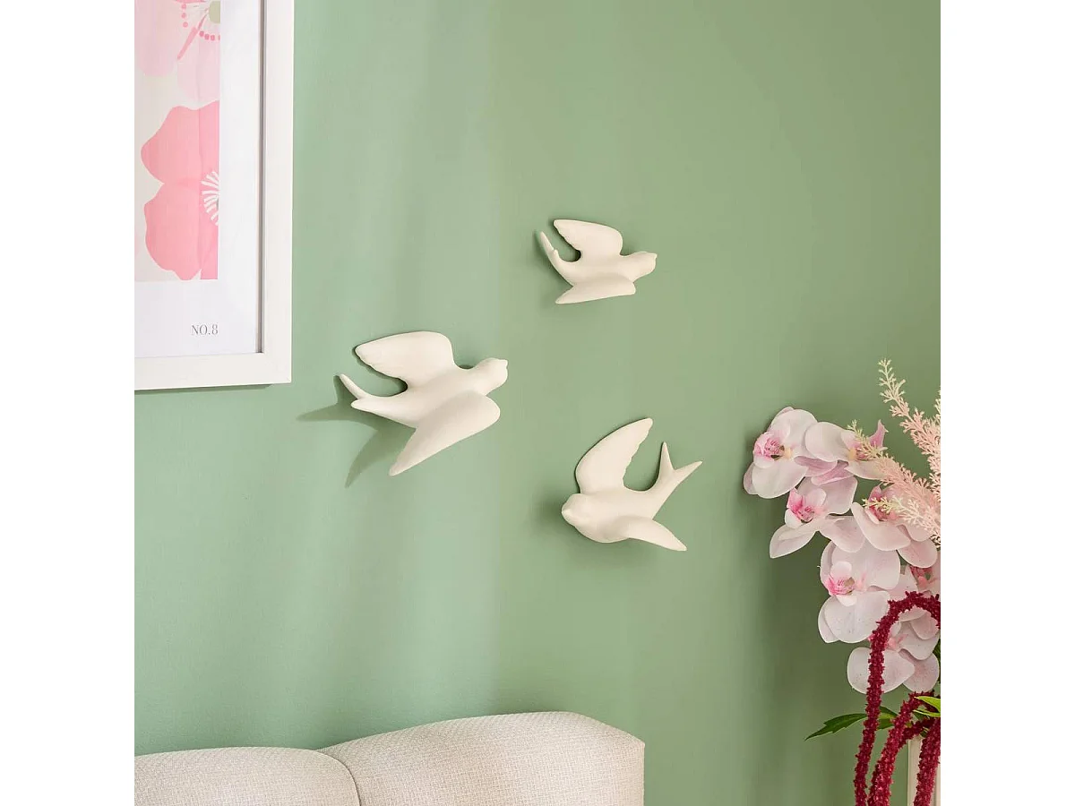 Lot de 3 Déco Murales Oiseaux "Annie" 15cm Blanc