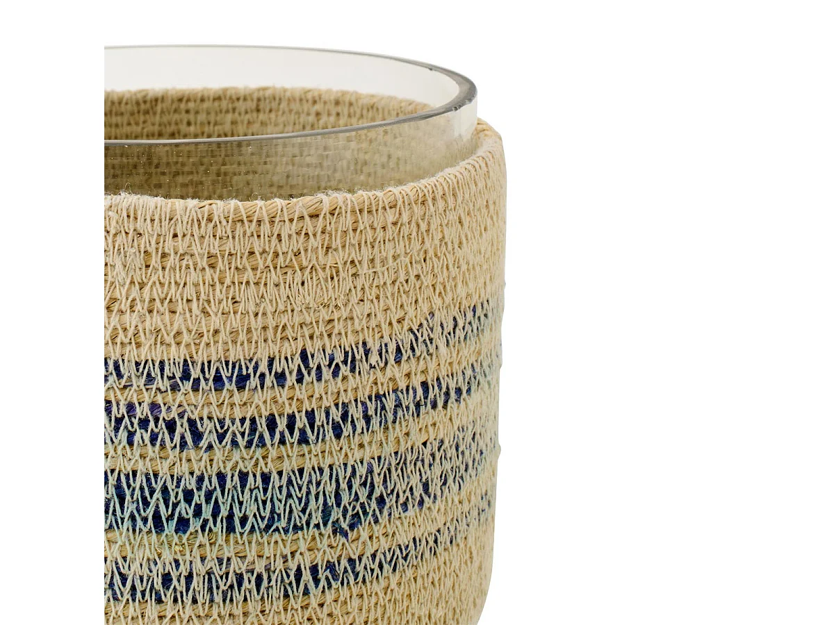 Photophore en Jonc "Galene" 15cm Naturel & Bleu