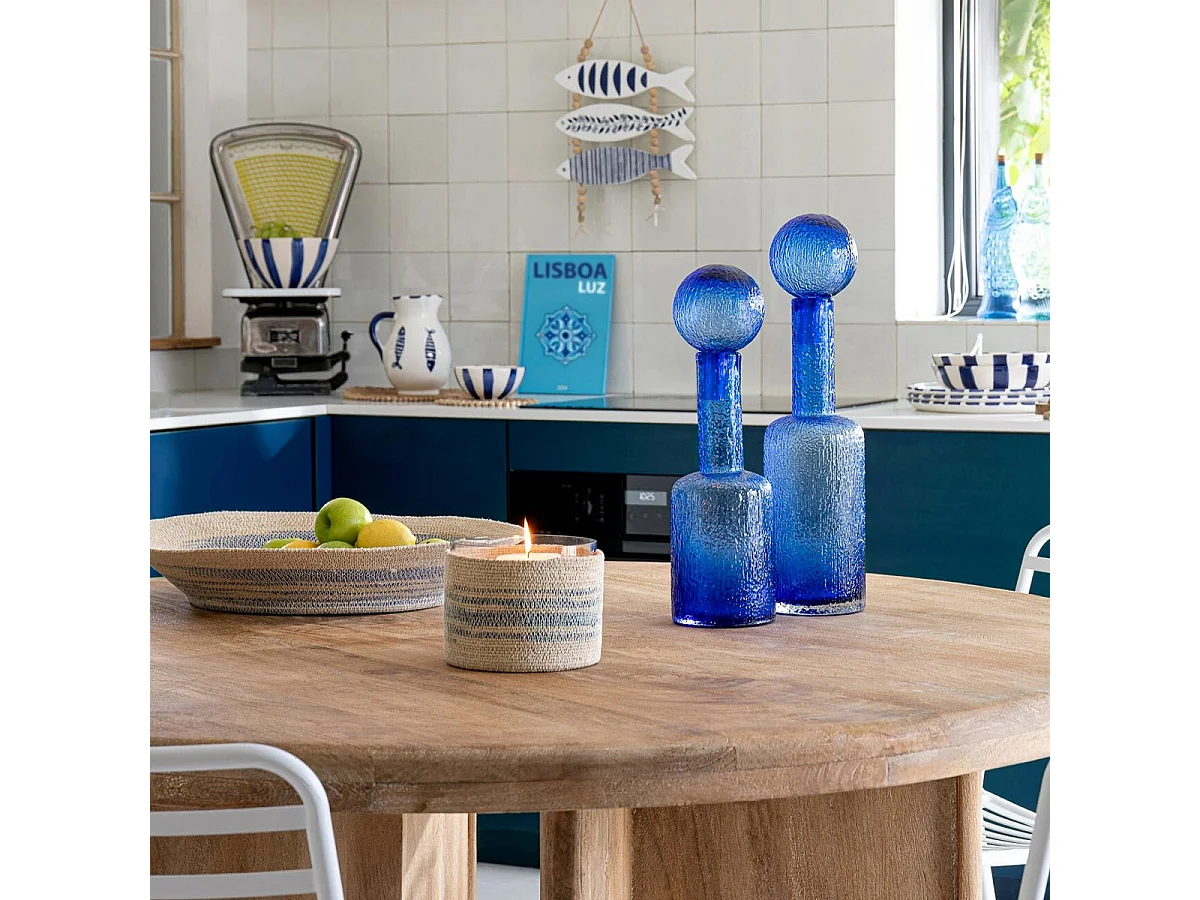 Photophore en Jonc "Galene" 15cm Naturel & Bleu