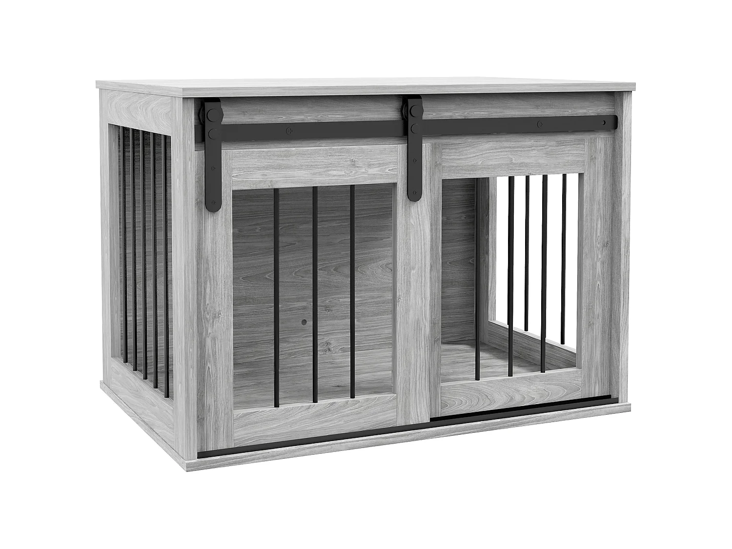 Cage pour chien animaux style industriel - porte coulissante verrouillable - acier noir aspect bois gris