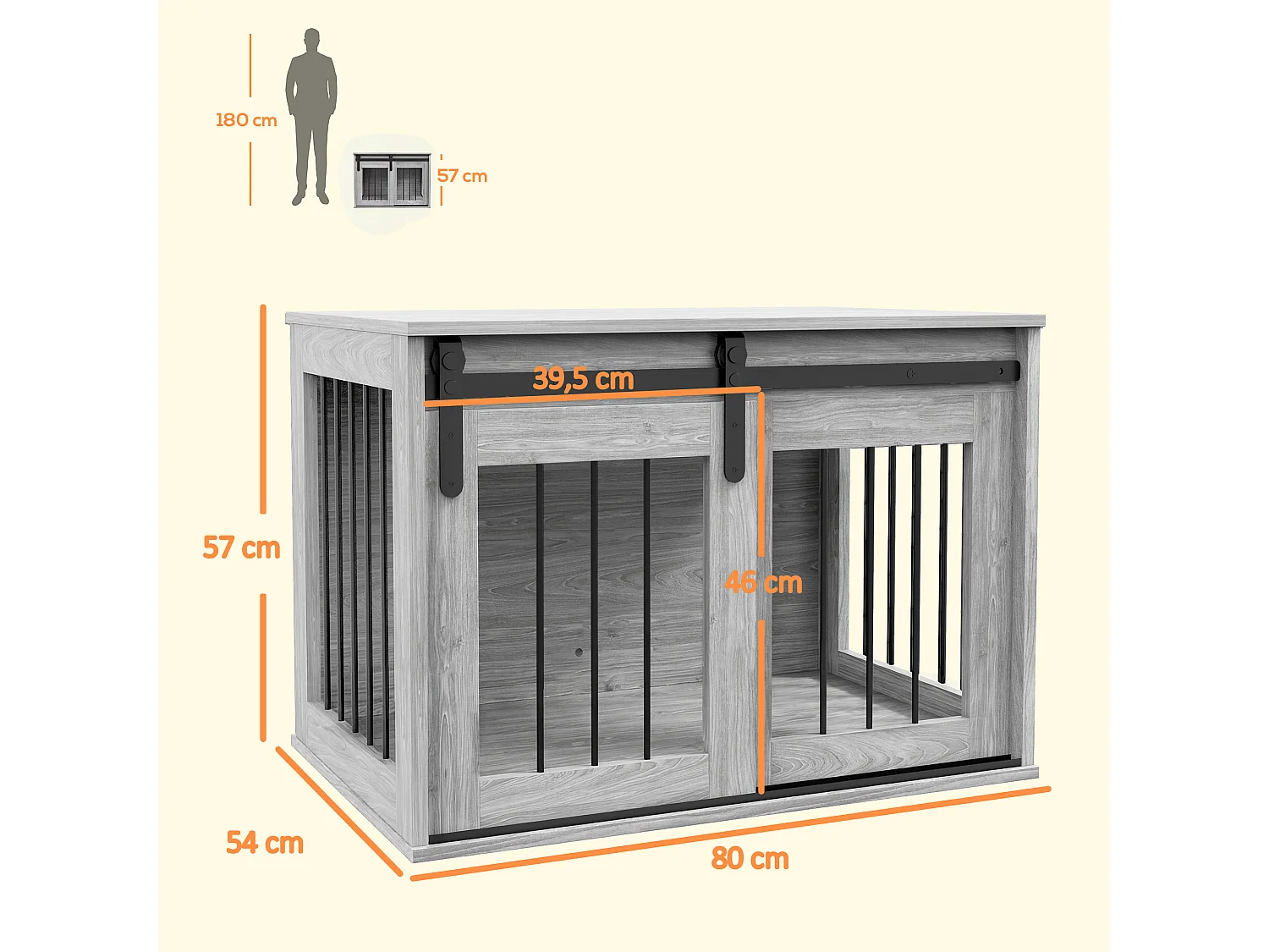 Cage pour chien animaux style industriel - porte coulissante verrouillable - acier noir aspect bois gris