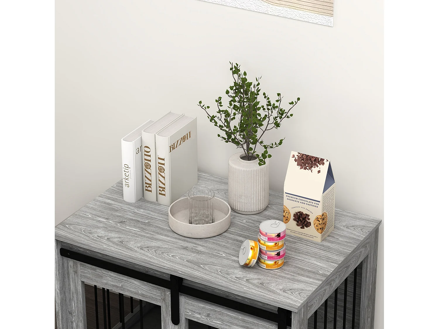 Cage pour chien animaux style industriel - porte coulissante verrouillable - acier noir aspect bois gris