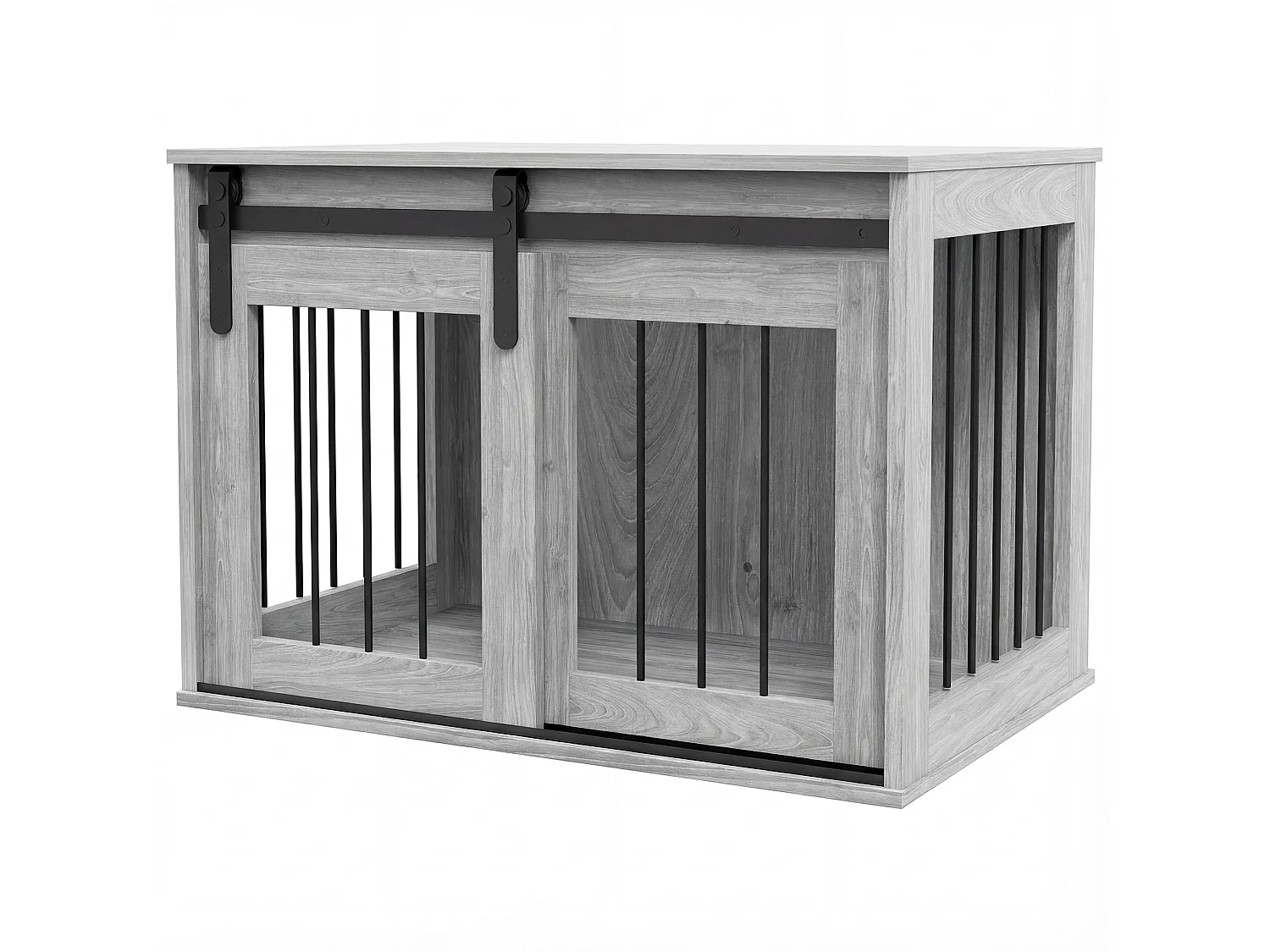 Cage pour chien animaux style industriel - porte coulissante verrouillable - acier noir aspect bois gris