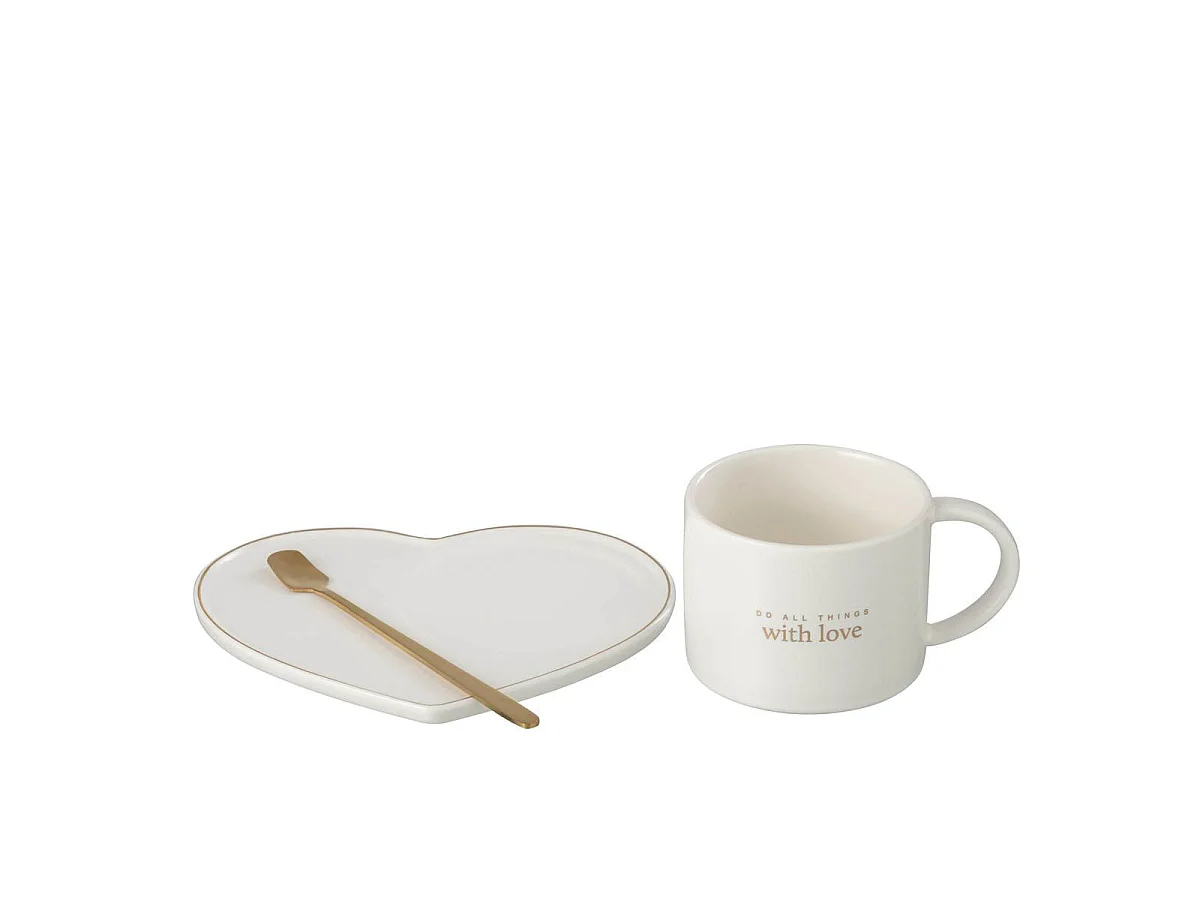 Ensemble Tasse, Sous-Tasse & Cuillère "Cœur I" 42cl Blanc