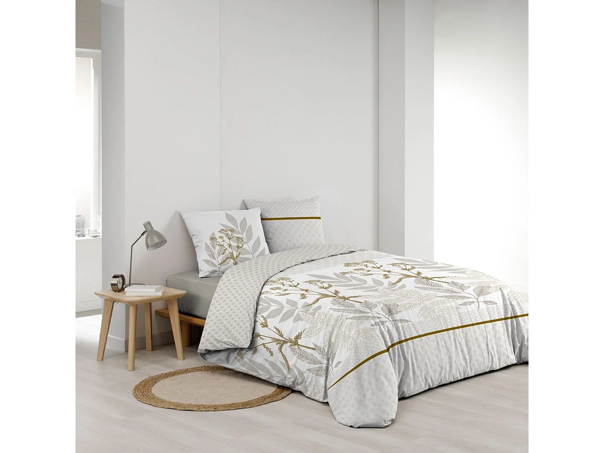 Juego de Ropa de Cama Reversible de 3 Piezas "Raoni" 240x220cm en Algodón Natural Estampado de Hojas
