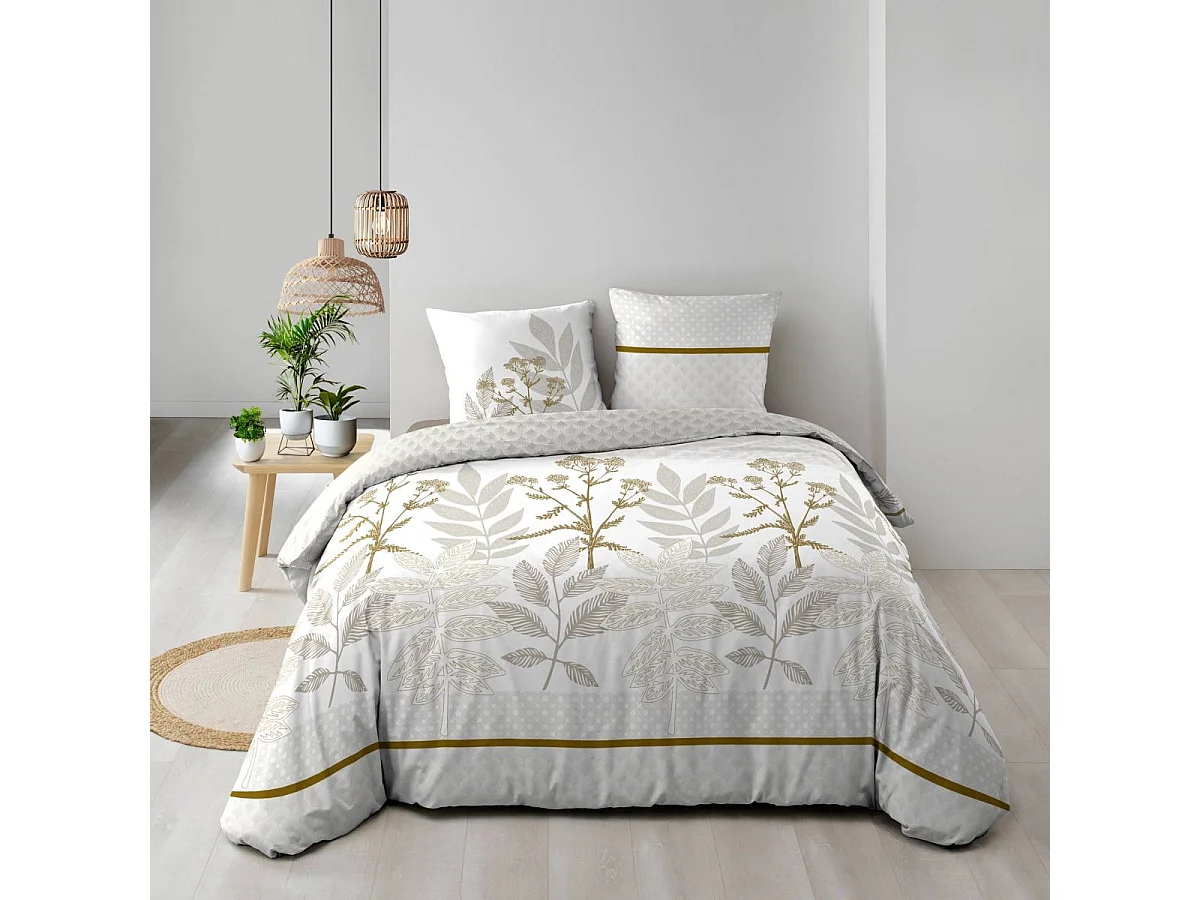 Juego de Ropa de Cama Reversible de 3 Piezas "Raoni" 240x220cm en Algodón Natural Estampado de Hojas