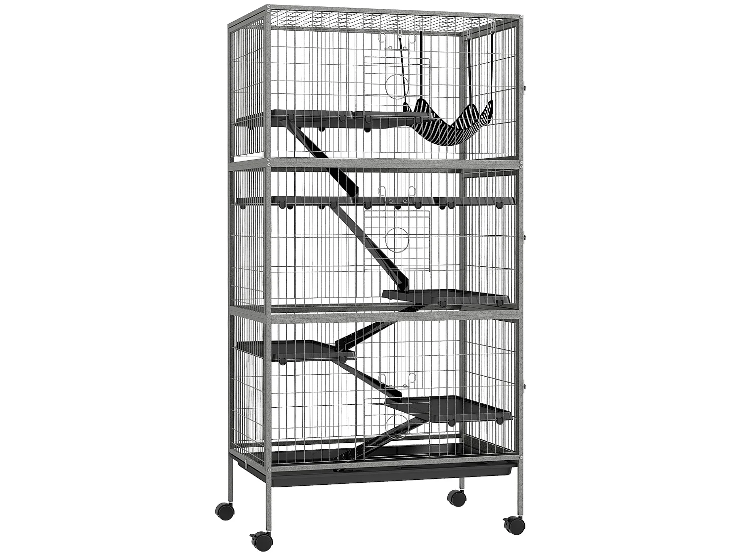 Cage rongeurs 4 plateformes 3 rampes 4 portes dim. 80L x 52l x 159H cm acier gris moucheté noir