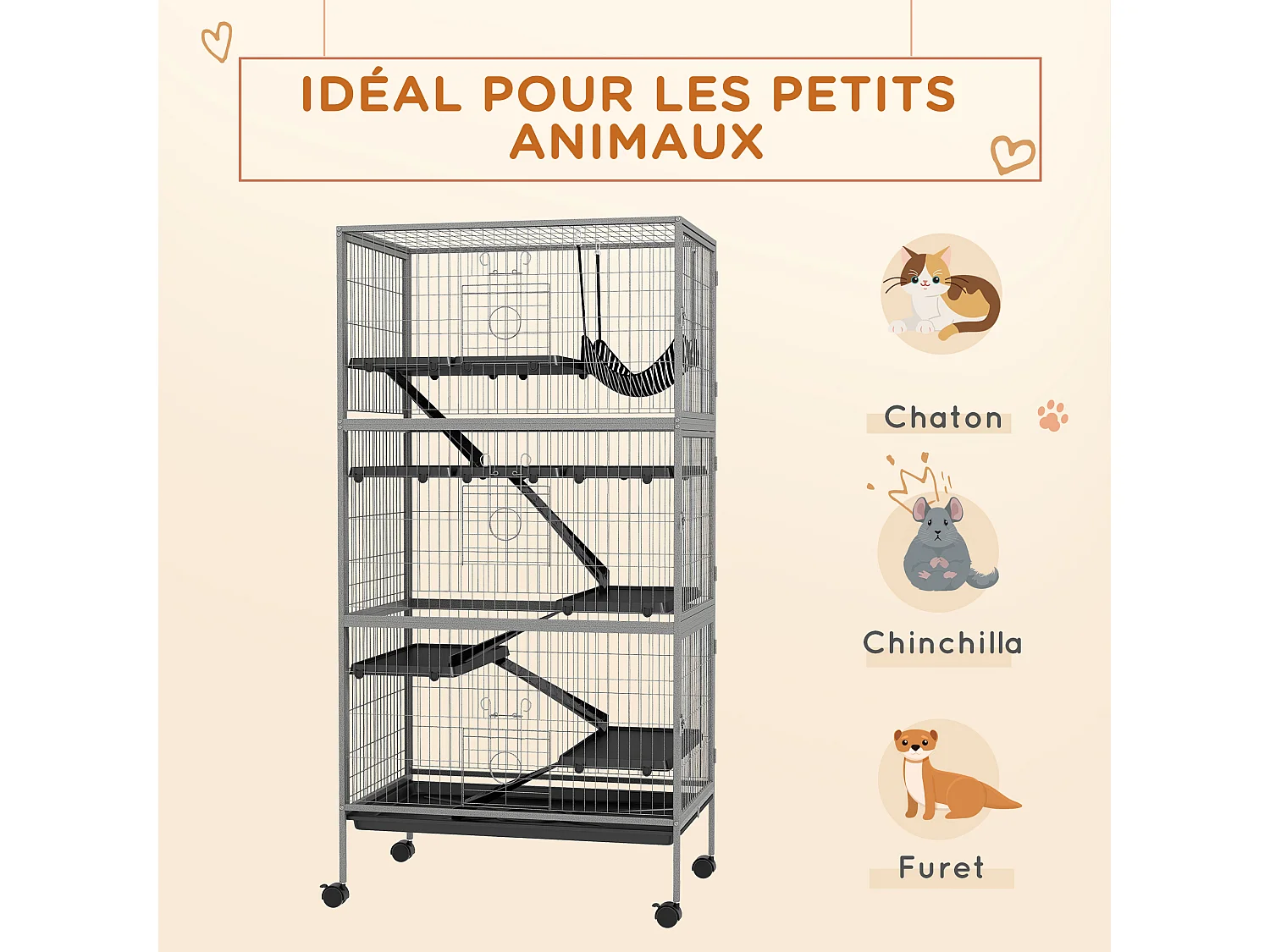 Cage rongeurs 4 plateformes 3 rampes 4 portes dim. 80L x 52l x 159H cm acier gris moucheté noir