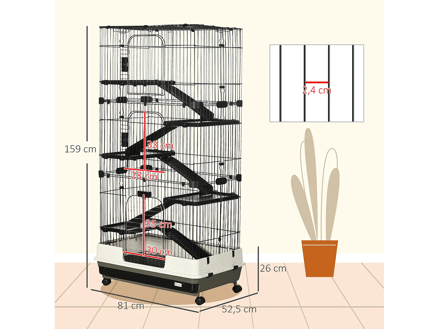 Cage pour cochons d'Inde chinchilla rongeur sur roulettes - 5 étages, 3 portes, plateau déjection - noir gris