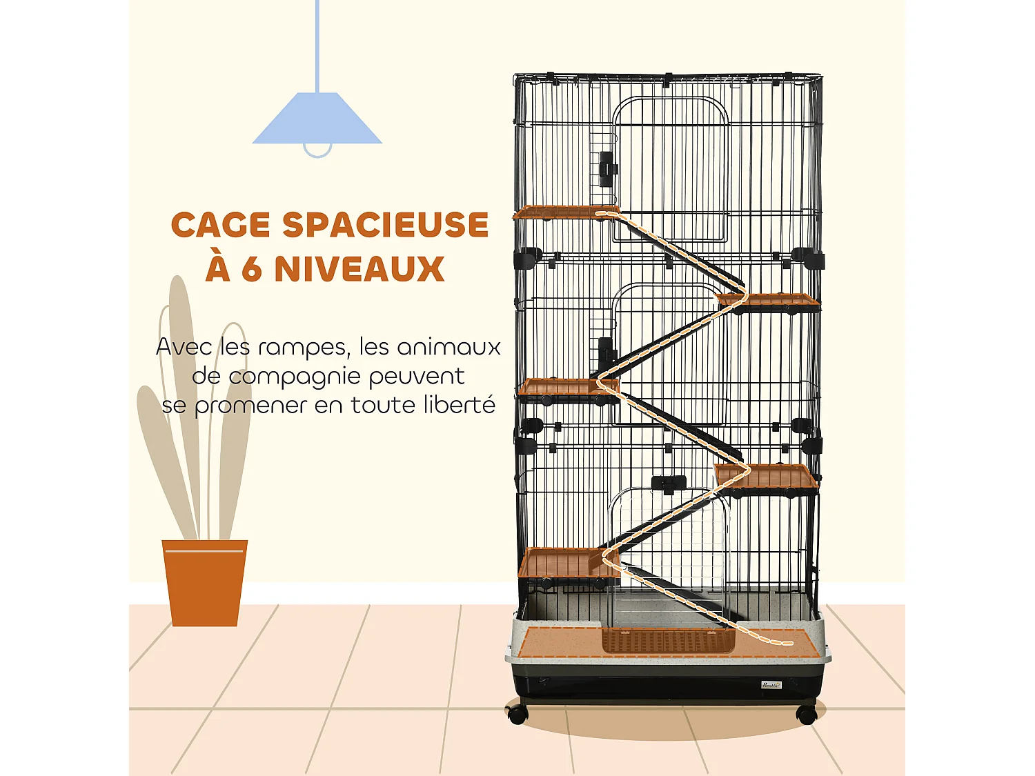 Cage pour cochons d'Inde chinchilla rongeur sur roulettes - 5 étages, 3 portes, plateau déjection - noir gris