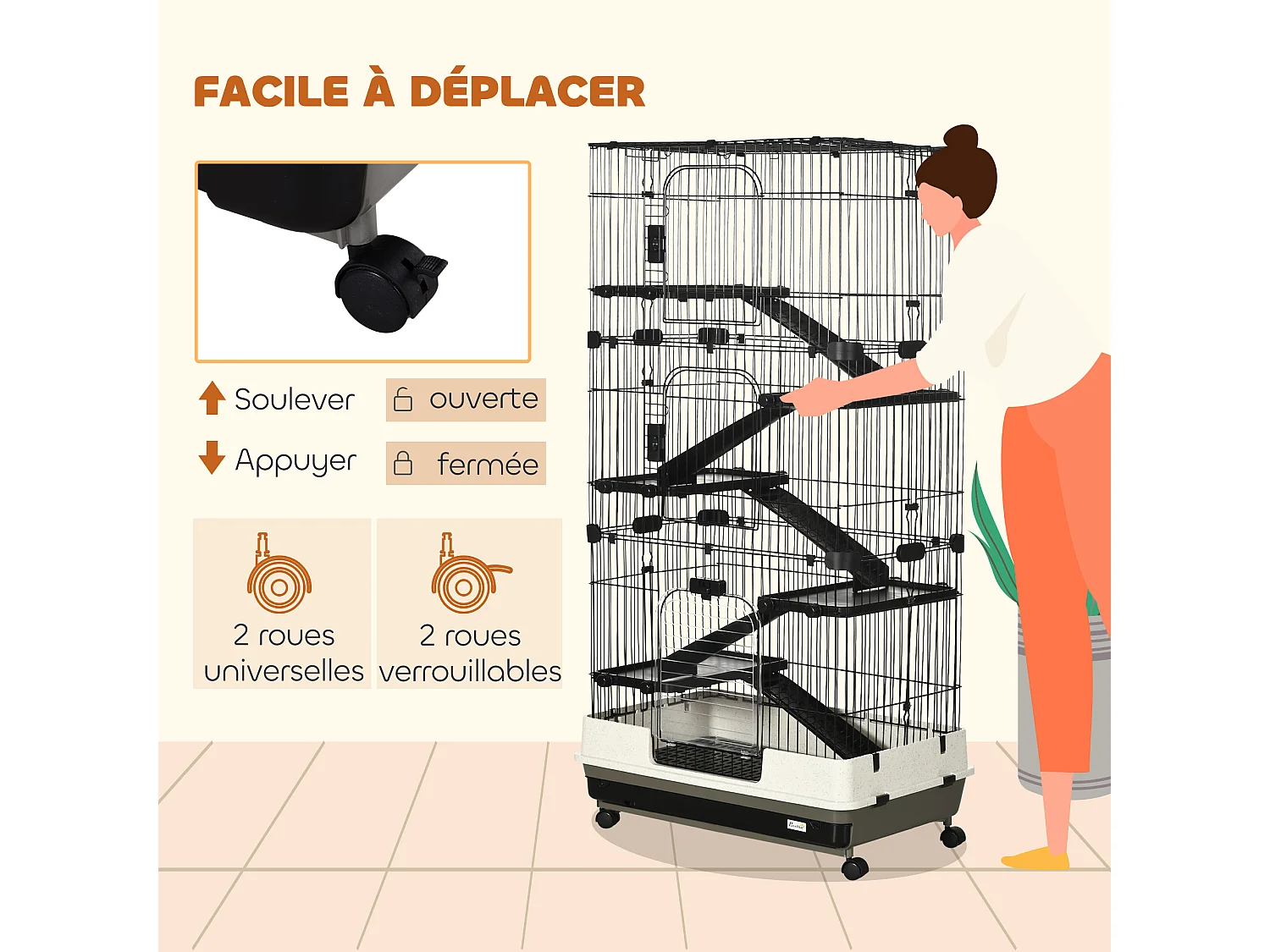 Cage pour cochons d'Inde chinchilla rongeur sur roulettes - 5 étages, 3 portes, plateau déjection - noir gris
