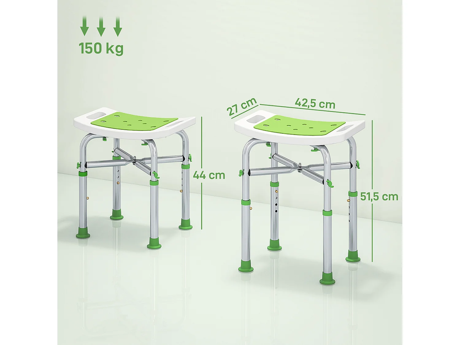Siège de douche réglable en hauteur tabouret de douche ergonomique pieds antidérapants charge max. 150 Kg alu HDPE blanc vert