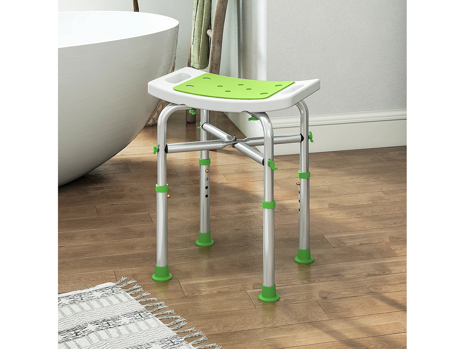 Siège de douche réglable en hauteur tabouret de douche ergonomique pieds antidérapants charge max. 150 Kg alu HDPE blanc vert