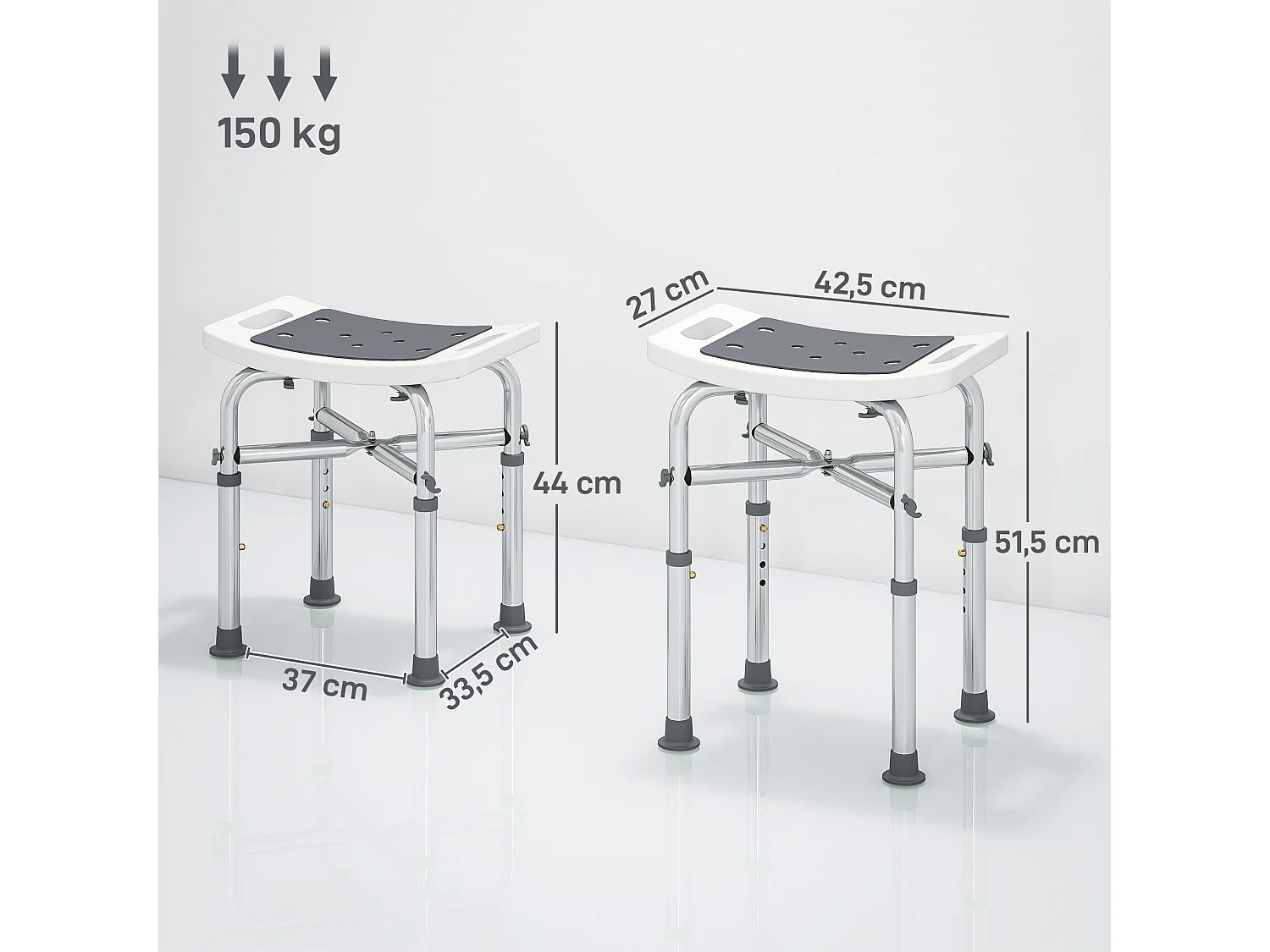 Siège de douche réglable en hauteur tabouret de douche ergonomique pieds antidérapants charge max. 150 Kg alu HDPE blanc gris