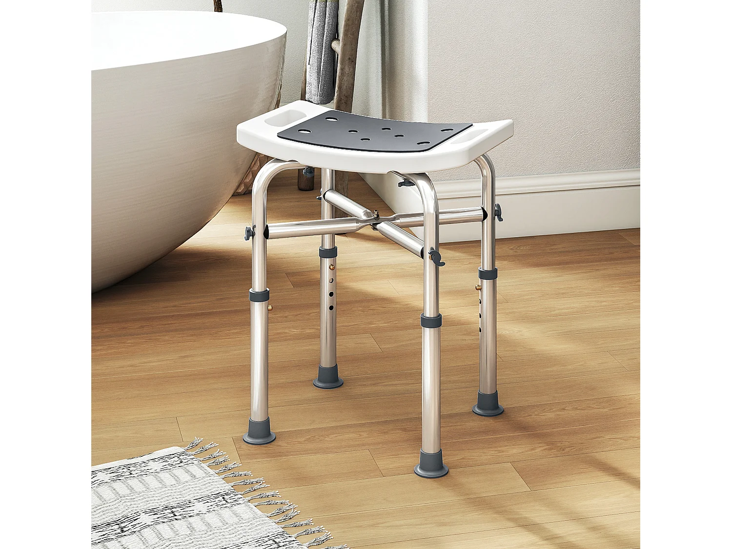 Siège de douche réglable en hauteur tabouret de douche ergonomique pieds antidérapants charge max. 150 Kg alu HDPE blanc gris
