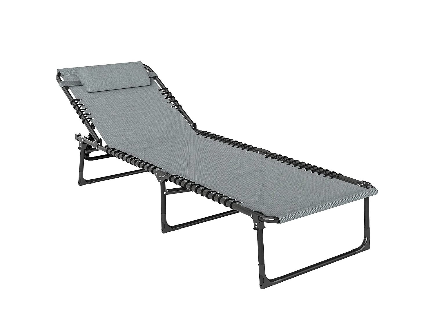 Bain de soleil transat pliable dossier inclinable multi-positions acier thermoplastique lacets élastiques noir textilène gris clair
