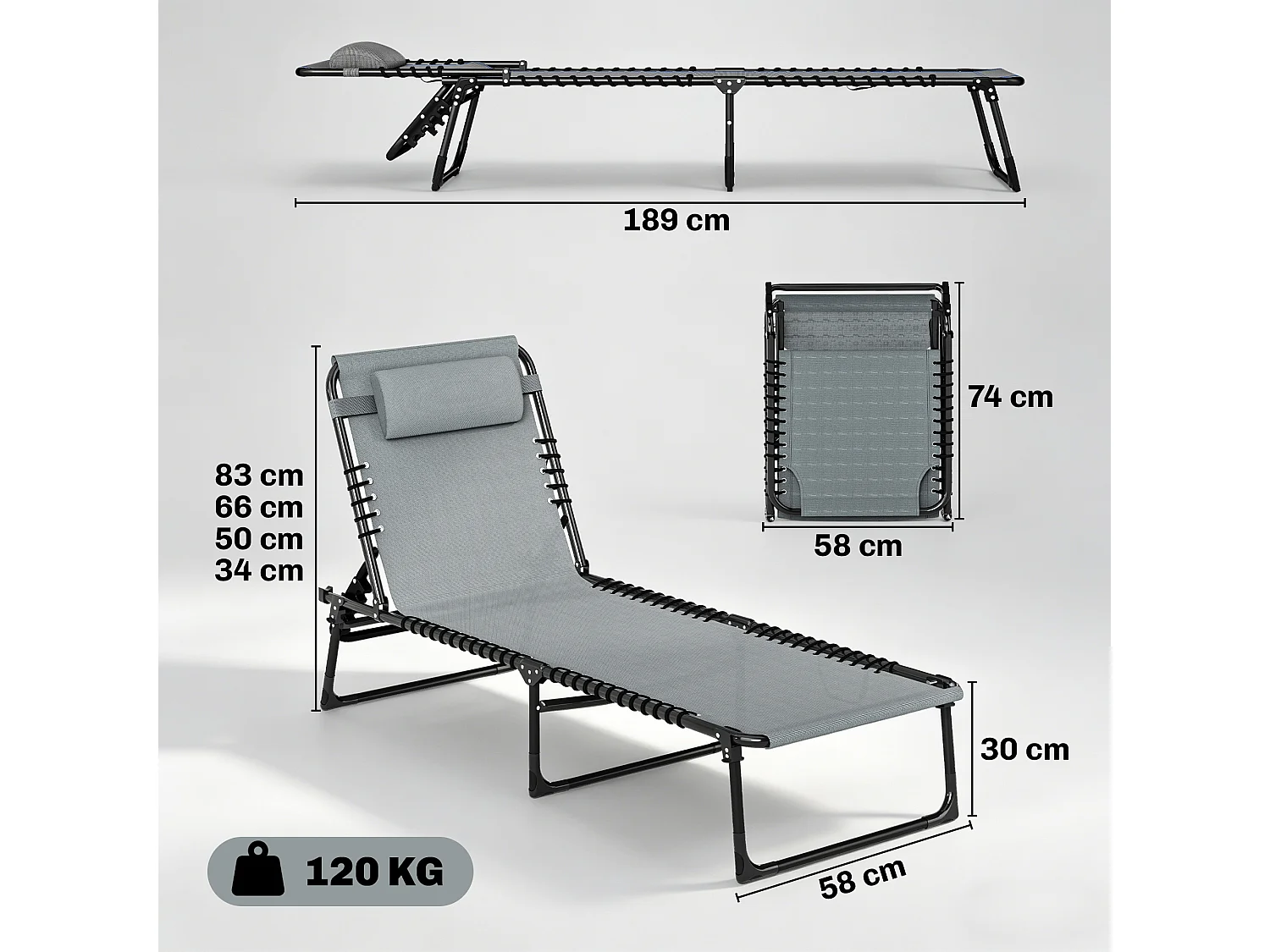 Bain de soleil transat pliable dossier inclinable multi-positions acier thermoplastique lacets élastiques noir textilène gris clair