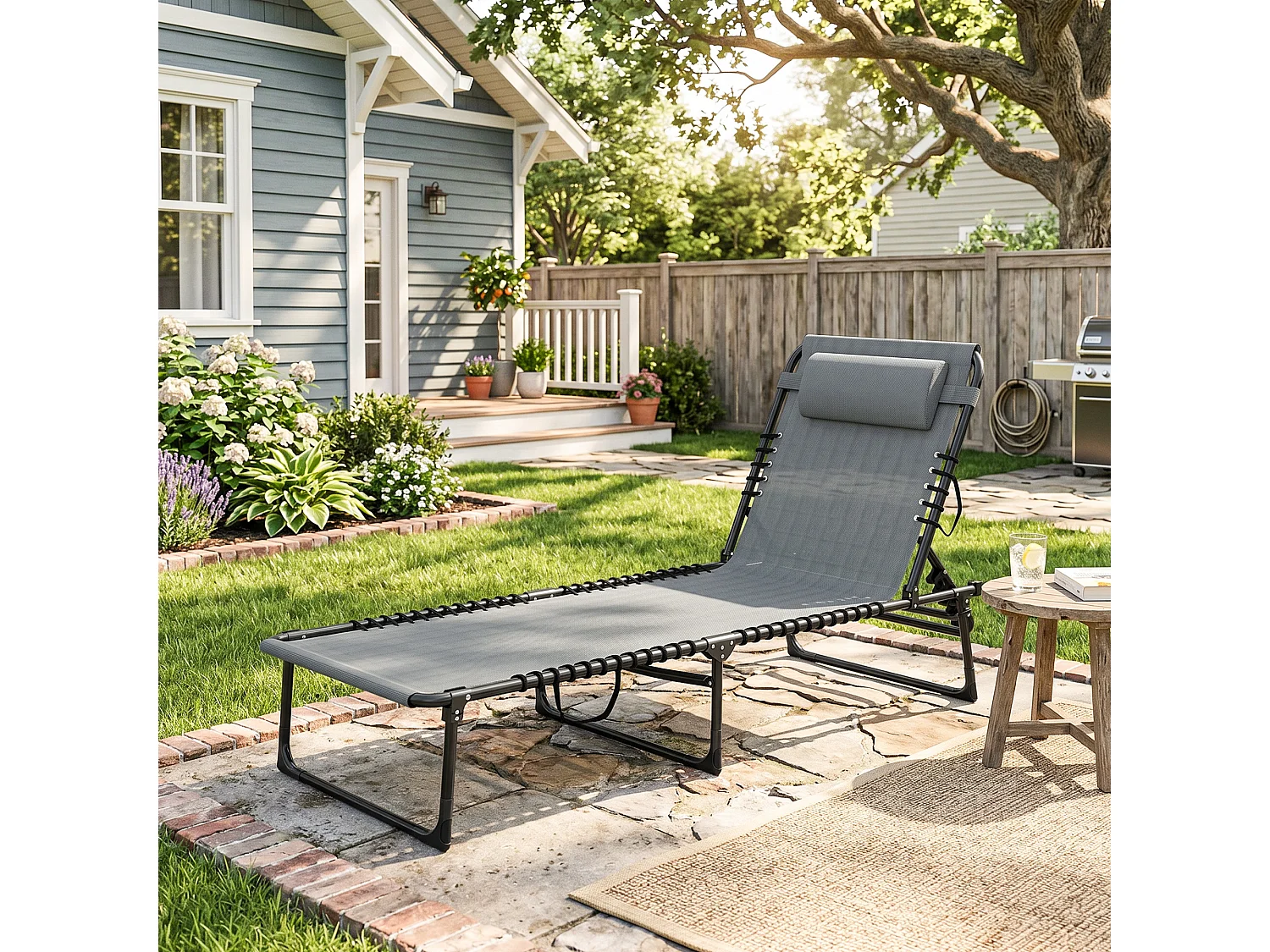 Bain de soleil transat pliable dossier inclinable multi-positions acier thermoplastique lacets élastiques noir textilène gris clair