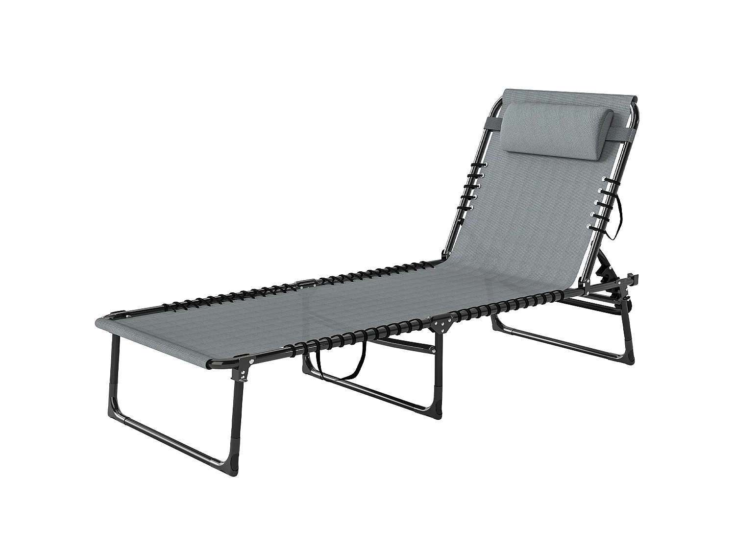 Bain de soleil transat pliable dossier inclinable multi-positions acier thermoplastique lacets élastiques noir textilène gris clair