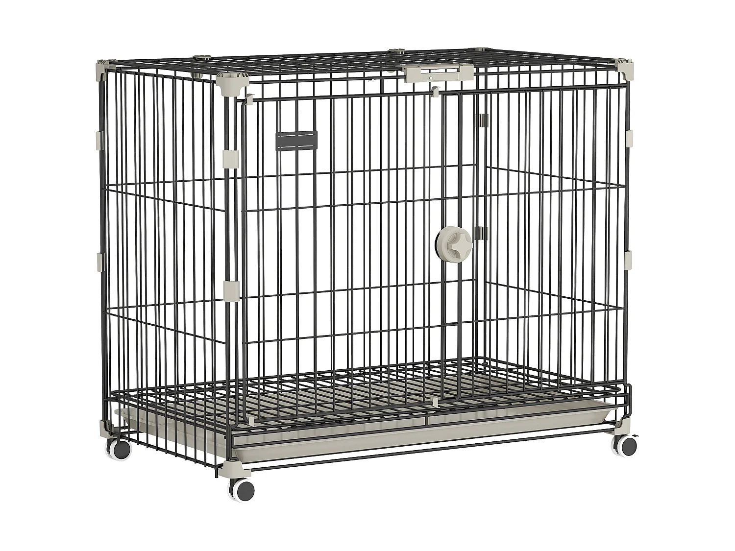 Cage pour Chien Pliable, Plateau Amovible, Roues avec Freins, Toit Ouvrant Verrouillable, Porte de Nourrissage, Niche Chien Interieur